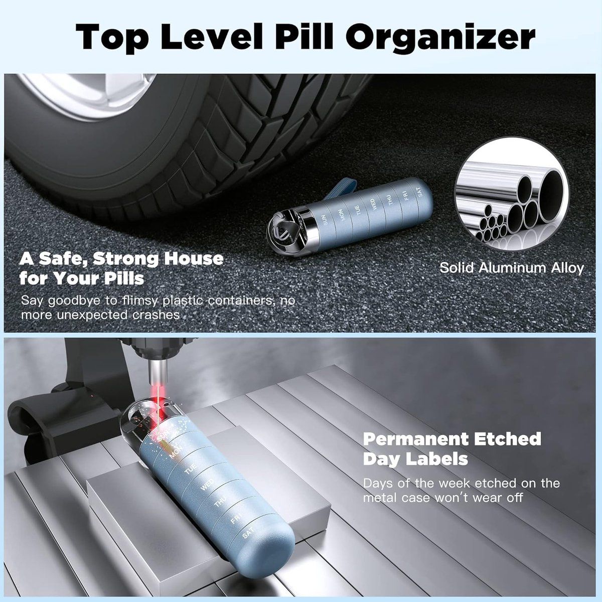 Weekly Pill Organizer Aluminum Alloy Travel Pill Case With Large Compartments And Laser Day Labels For Vitamins Supplements Light Blue