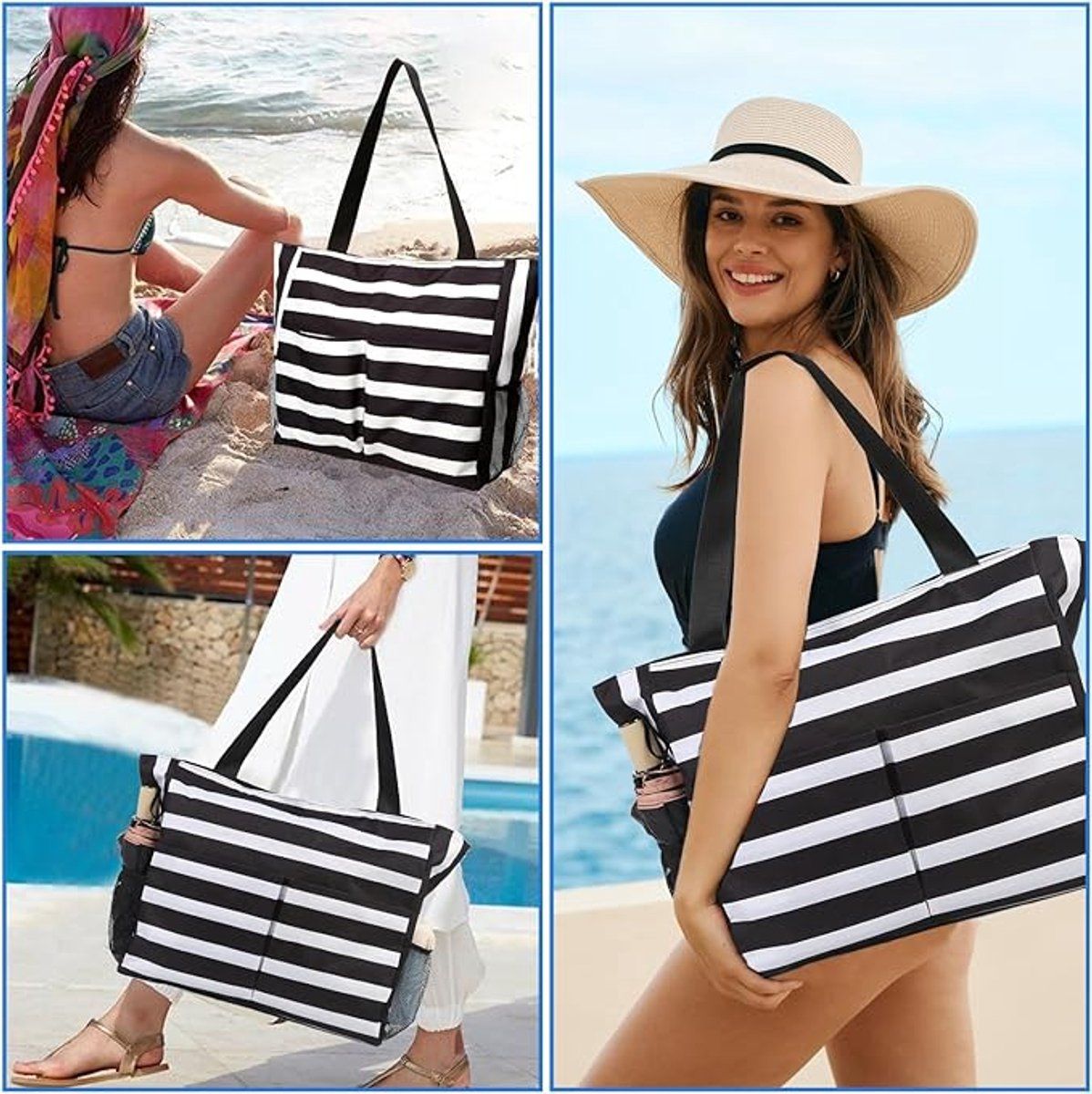 Beach Tote Bag With Zipper, Large Capacity Polyester 8 Pocket Foldable Carryall For Women Travel Pool Gym, Black White Stripe, 43 x 38 x 15 cm