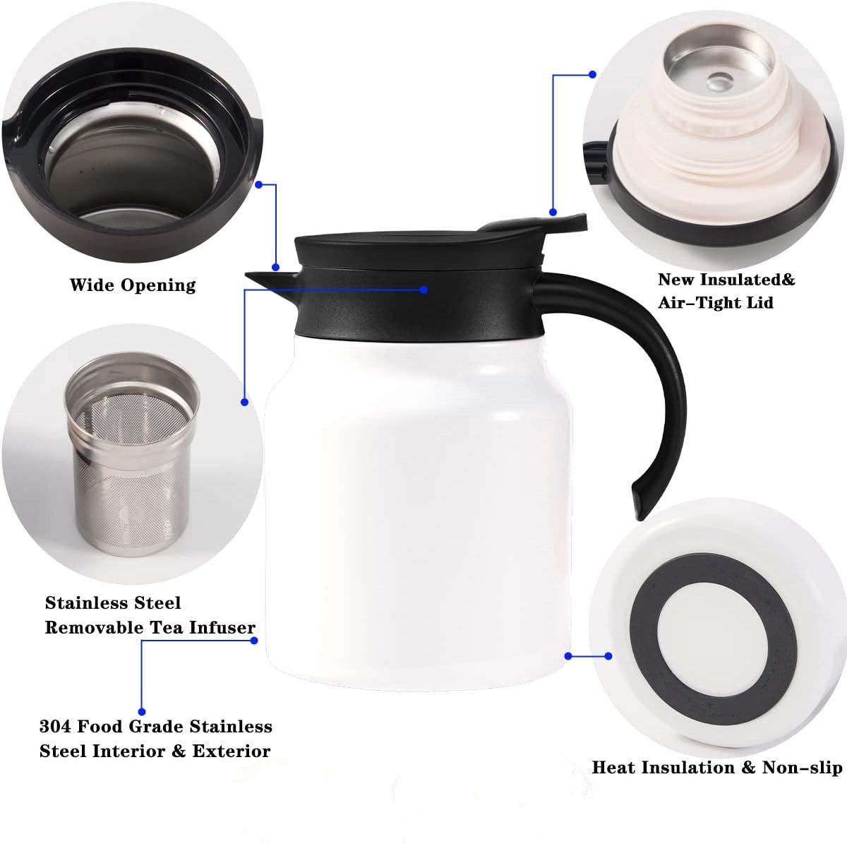 Vacuum Insulated Tea Pot With Infuser, 18 8 Stainless Steel Double Wall Thermal Carafe With Temperature Display, White, 1 L