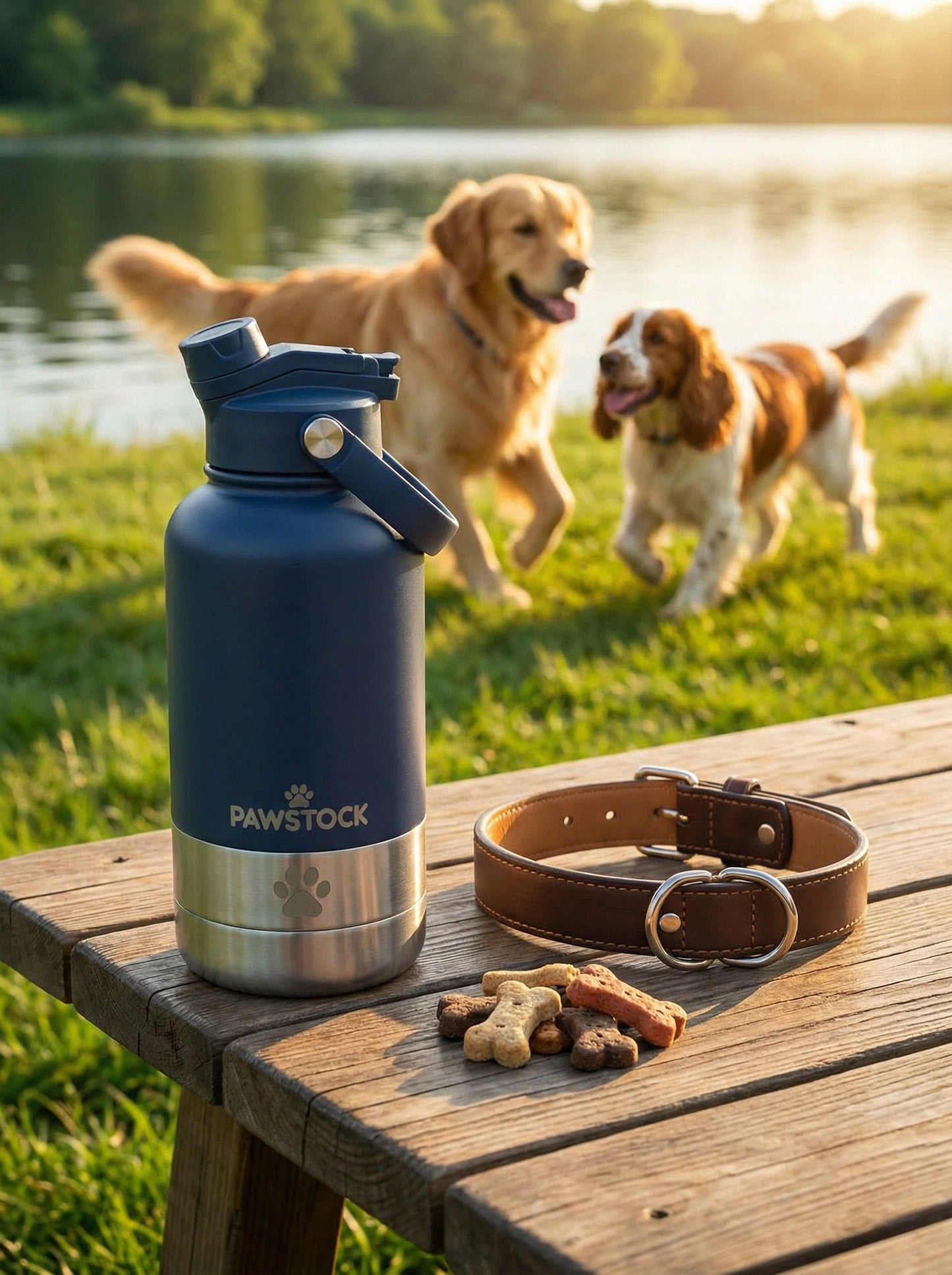 Pawstock 3-in-1 Insulated Dog Water Bottle with Dual Bowls – 1L Stainless Steel Travel Bottle - Gray