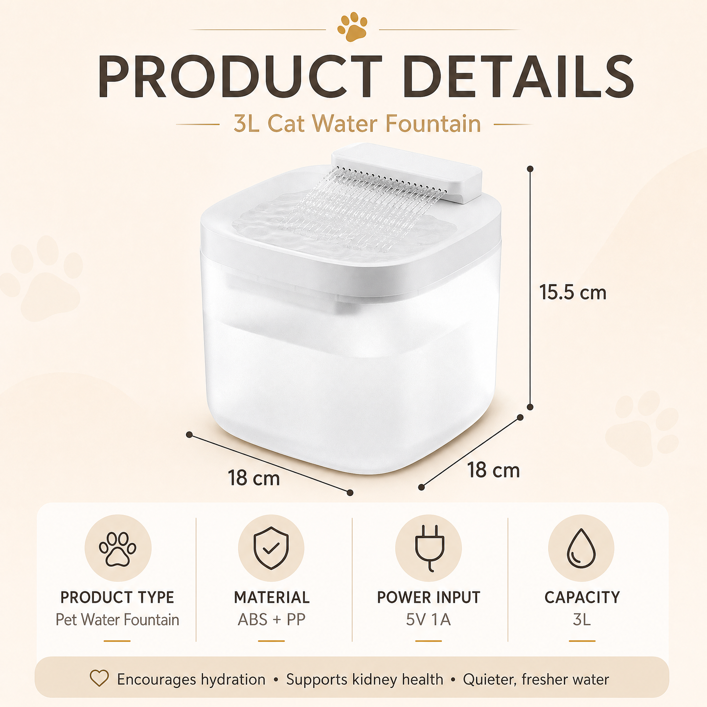 Black Cat Water Fountain 3L, Wired Pet Water Dispenser for Cats & Small Dogs, Waterfall-Style Quiet Drinking Fountain with Filter, Easy-Clean ABS+PP Bowl, 5V 1A