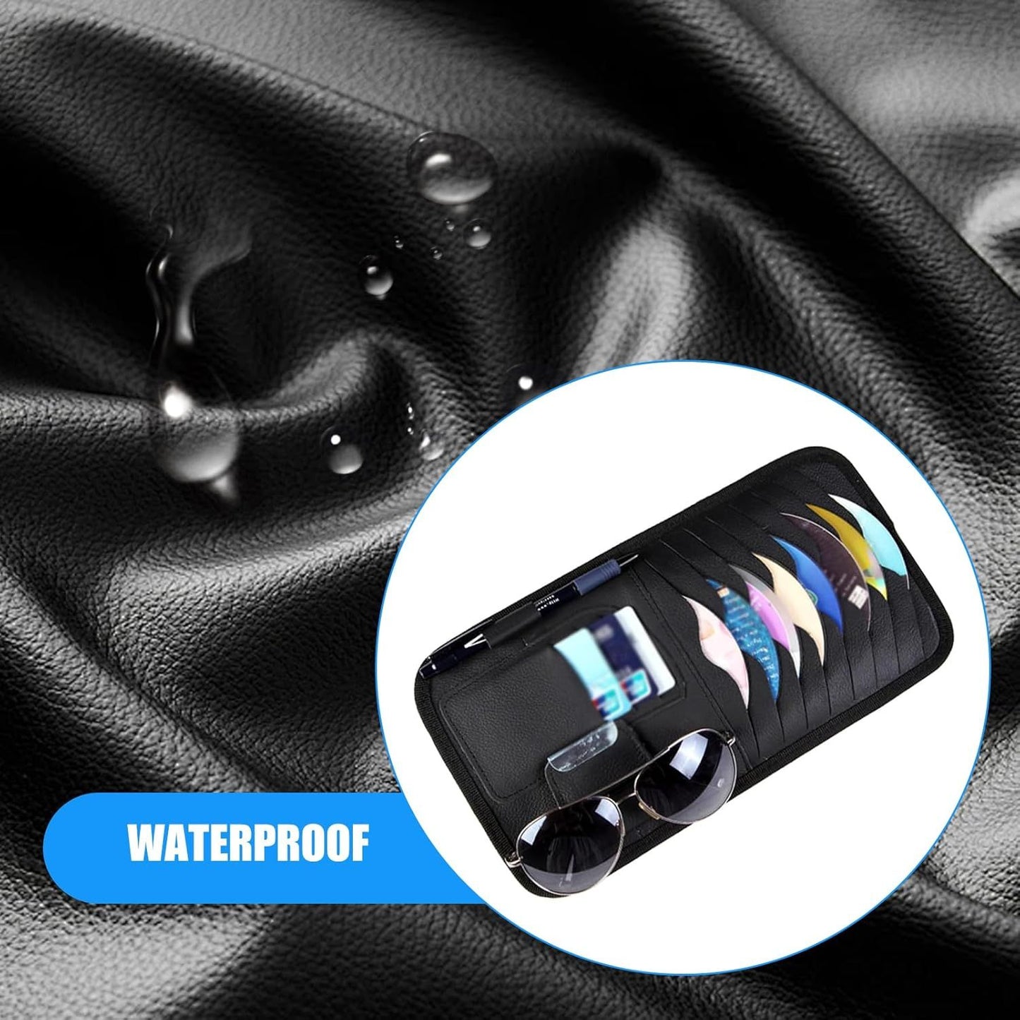 Car Sun Visor CD Holder, Leather Anti-scratch Protective Organizer, Multi-functional Layered Storage Bag for CD Sunglass Card Pen, Clip-on Visor Accessory for Cars (Black)