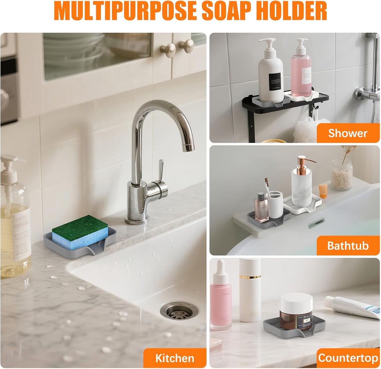 Silicone Soap Dish for Shower with Self Draining, 2 Pack Soap Holder for Bathroom, Silicone Sponge Holder for Kitchen Sink, Soap Tray for Dispenser, Scrubber, Bottle, 4.7"×3.9", Grey & Beige White