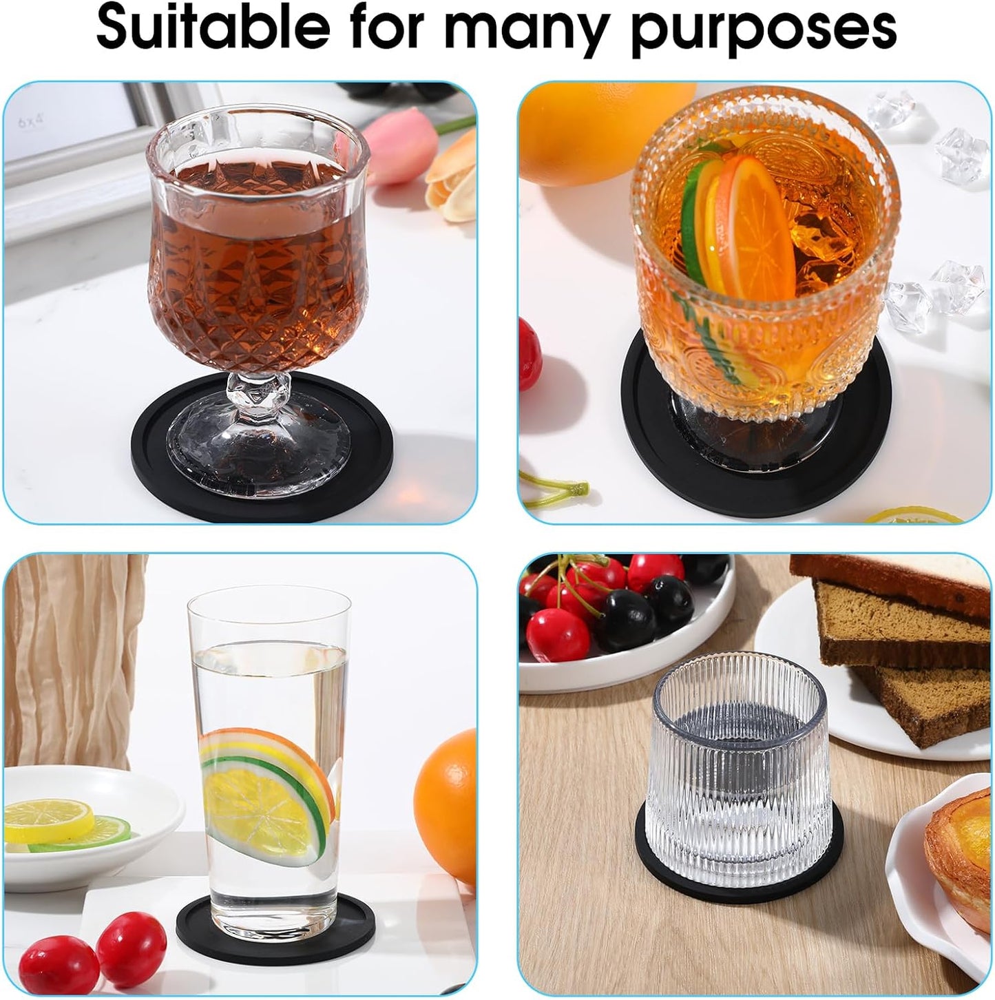 Xindojuz Drink Coasters Set of 4, 3.94 Inch Black Silicone Coasters for Drinks Washable Heat Resistant Durable Non-Slip Round Cup Mats for Coffee Table Wooden Desk Kitchen Bar, Black