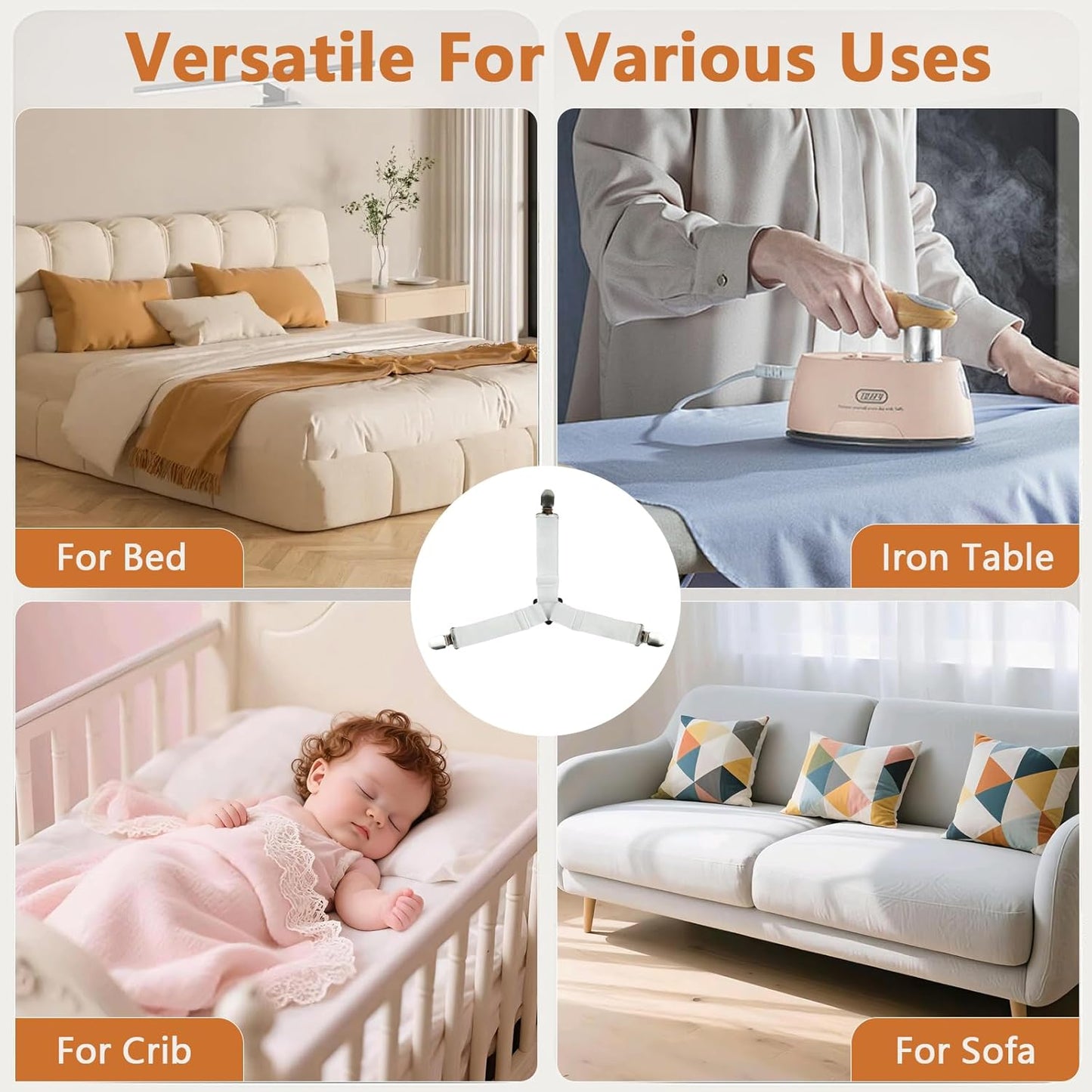 4PCS Bed Sheet Straps with l Clips, Adjustable Elastic Fitted Sheet Holders for Corners, Keep Bedding Wrinkle-Free, Easy to Install Durable Fasteners, Mattresses (White)