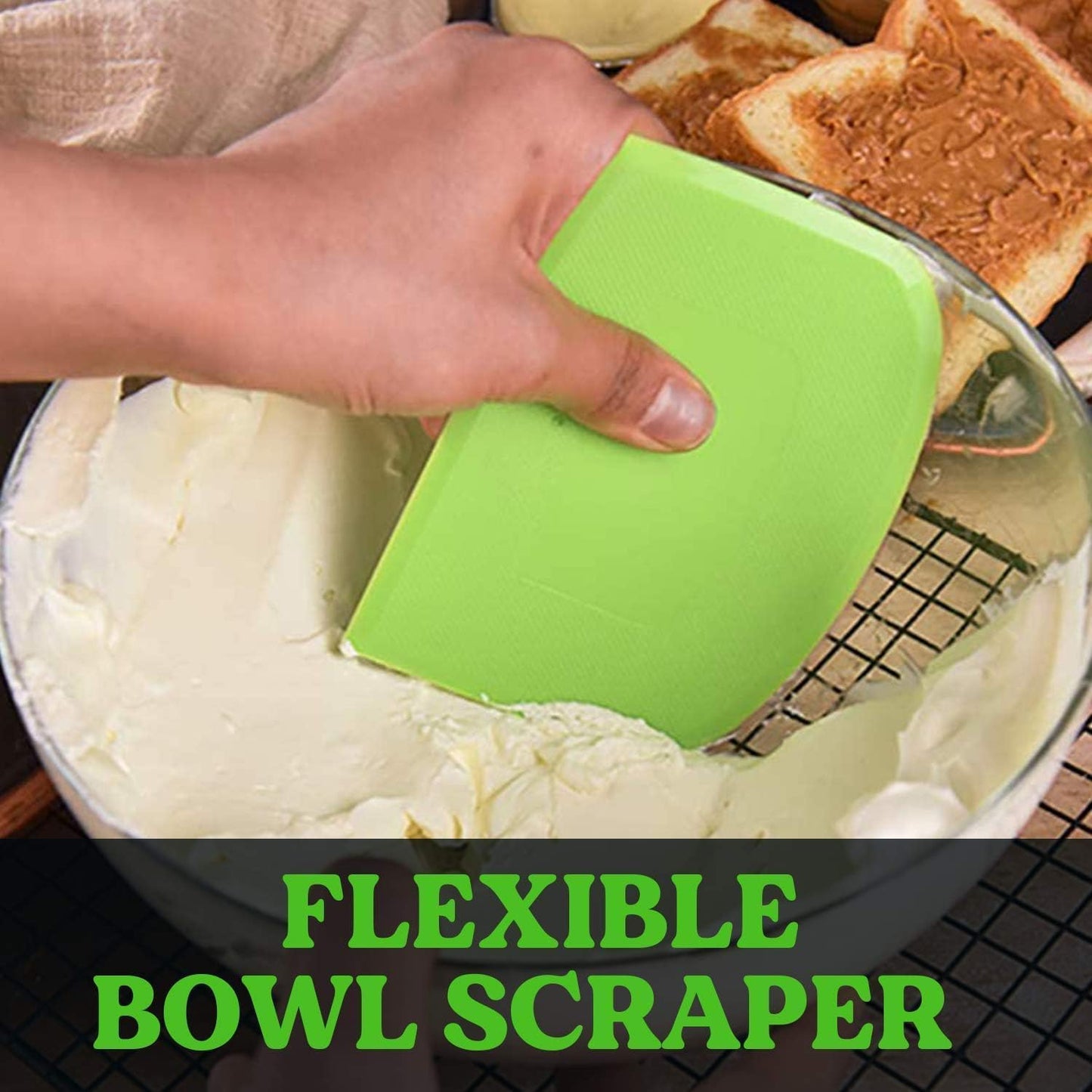 Dough Scraper Bench Scraper - 3P 4.7x3.7" Plastic Flexible Bowl Scraper, Sharp Edge & Angles Cake Scraper. Non-Slip Bakeware Decorating Tools Sculpting & Modeling Tools - Green+White+Green
