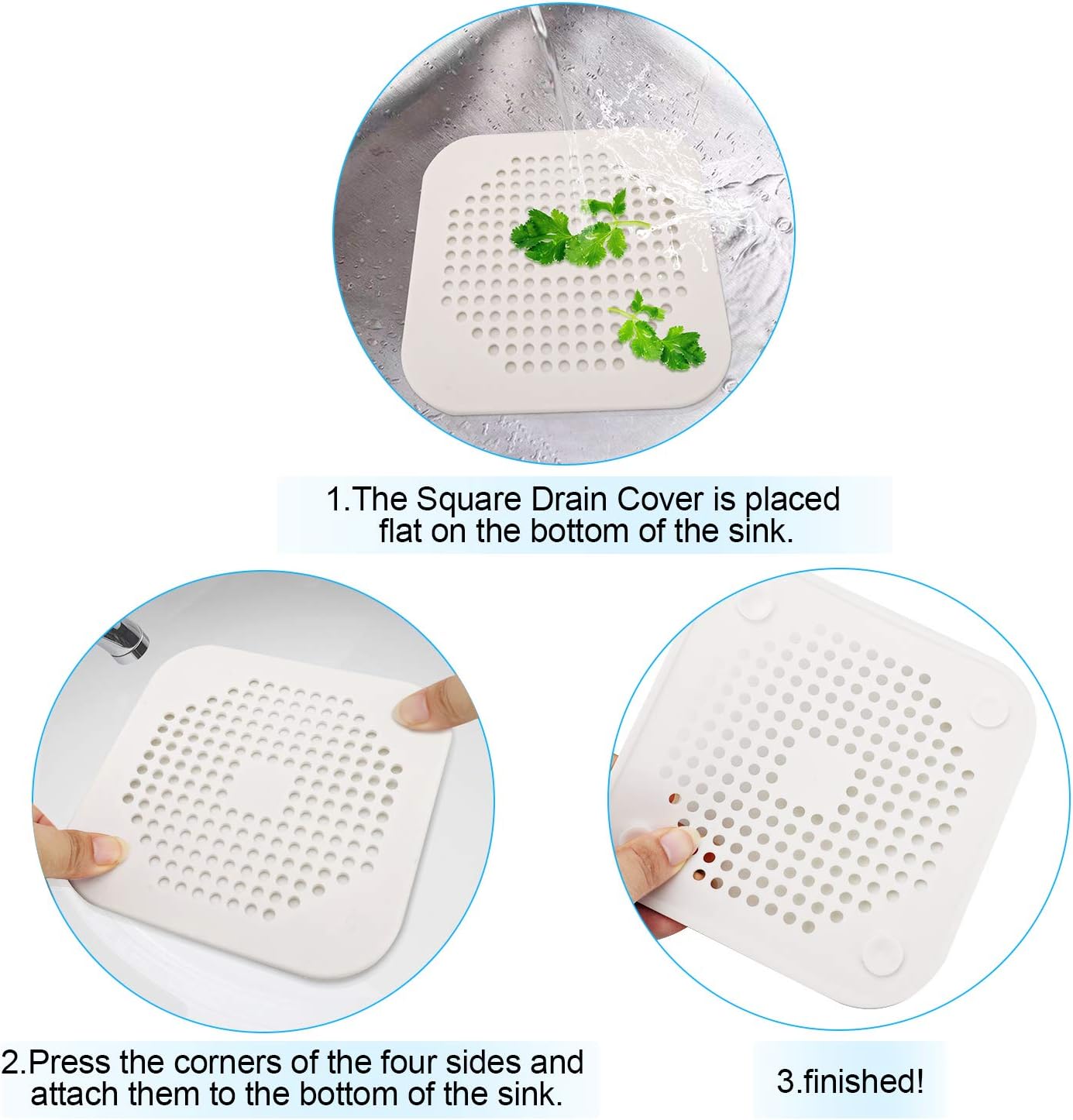 Square Drain Cover for Shower 5.7-inch TPR Drain Hair Catcher Flat Silicone Plug for Bathroom and Kitchen Grey/White Filter Shower Drain Protection Flat Strainer Stopper with Suction Cups (Grey+White)