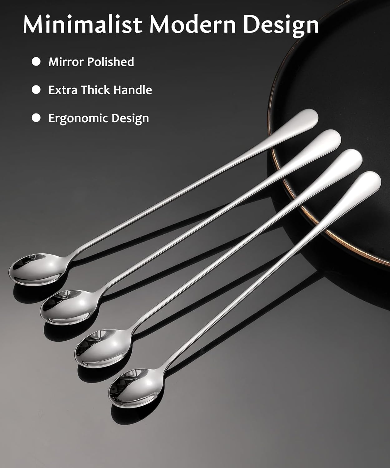 9.5-Inch Long Handle Iced Tea Spoon, Coffee Spoons, Ice Cream Spoons, Stainless Steel Cocktail Stirring Spoons, Set of 4