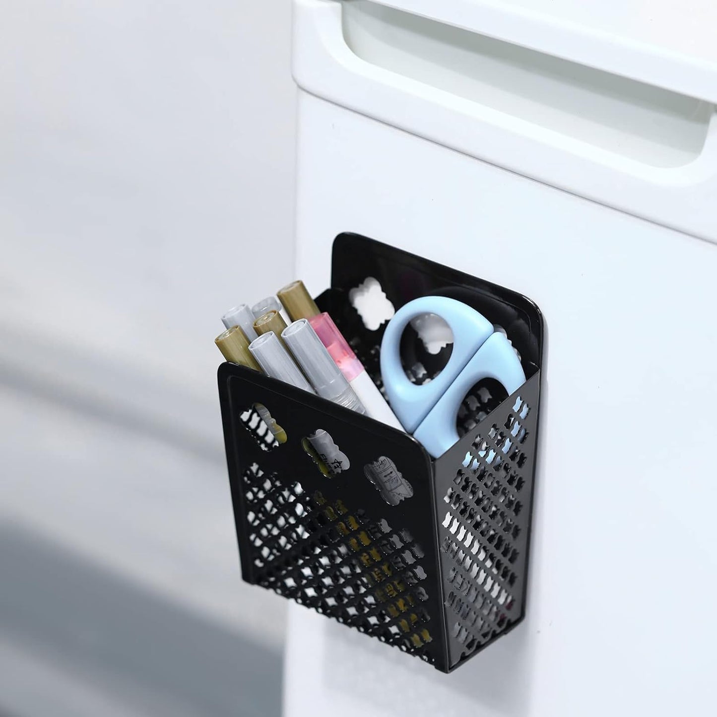 Magnetic Pen Holder, Mesh Metal Strong Magnet Dry Erase Marker Holder Pencil Organizer Small Items Basket for Refrigerator, Whiteboard, Locker Accessories-Black