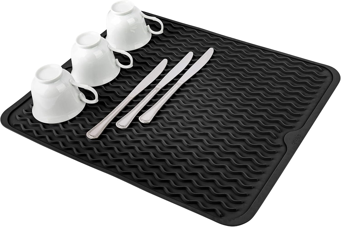 Silicone Dish Drying Mat - Drain Hole, Non-Slip, Heat Resistant, Foldable. Great for Dishes, Kitchen Sink, Counter Top, Fridge Drawer Liner or Trivet for Hot Pots. (16" X 20" | Black)