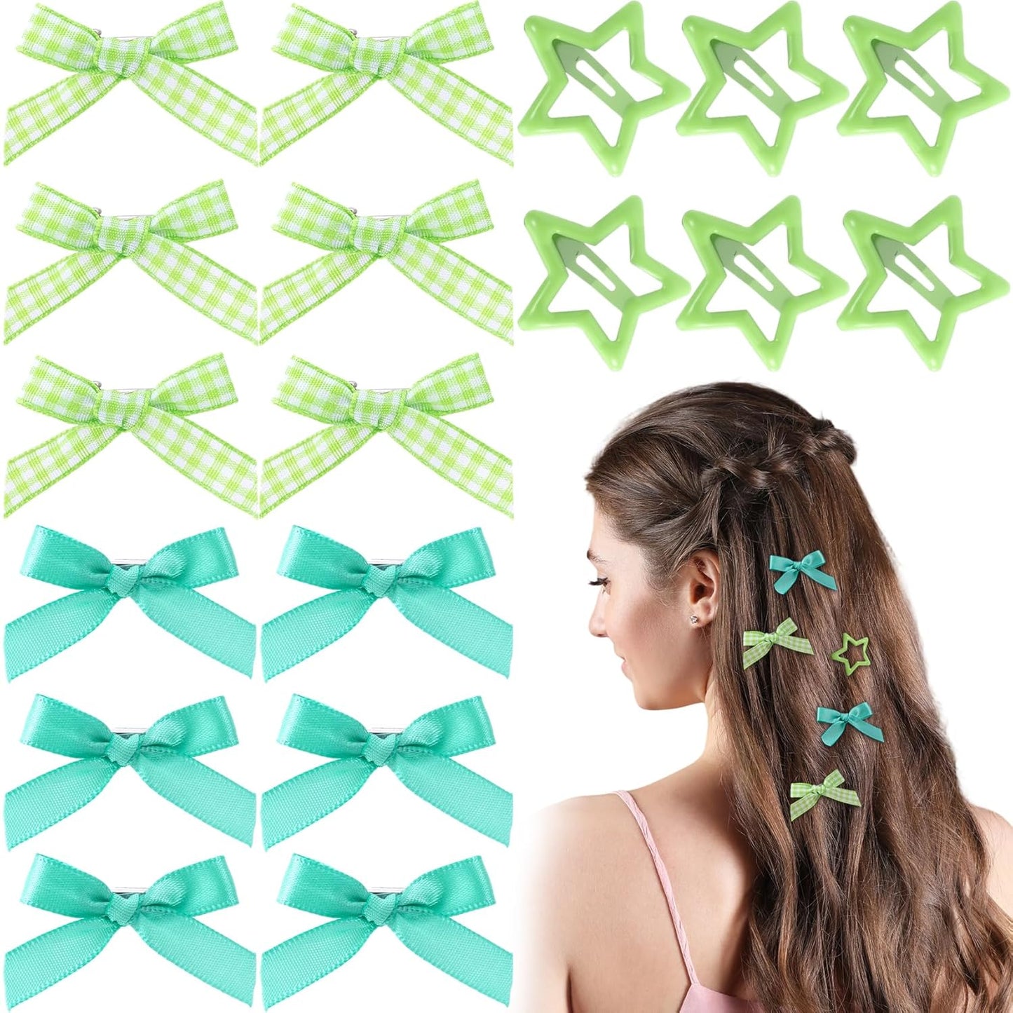 18pcs Mini Bow Star Hair Clips, Satin Ribbon Gingham Bow Snap Star Barrettes, Metal Non-Slip Clips Y2K Hair Accessories for Women Thin Thick Straight Curly Hairstyles- Green