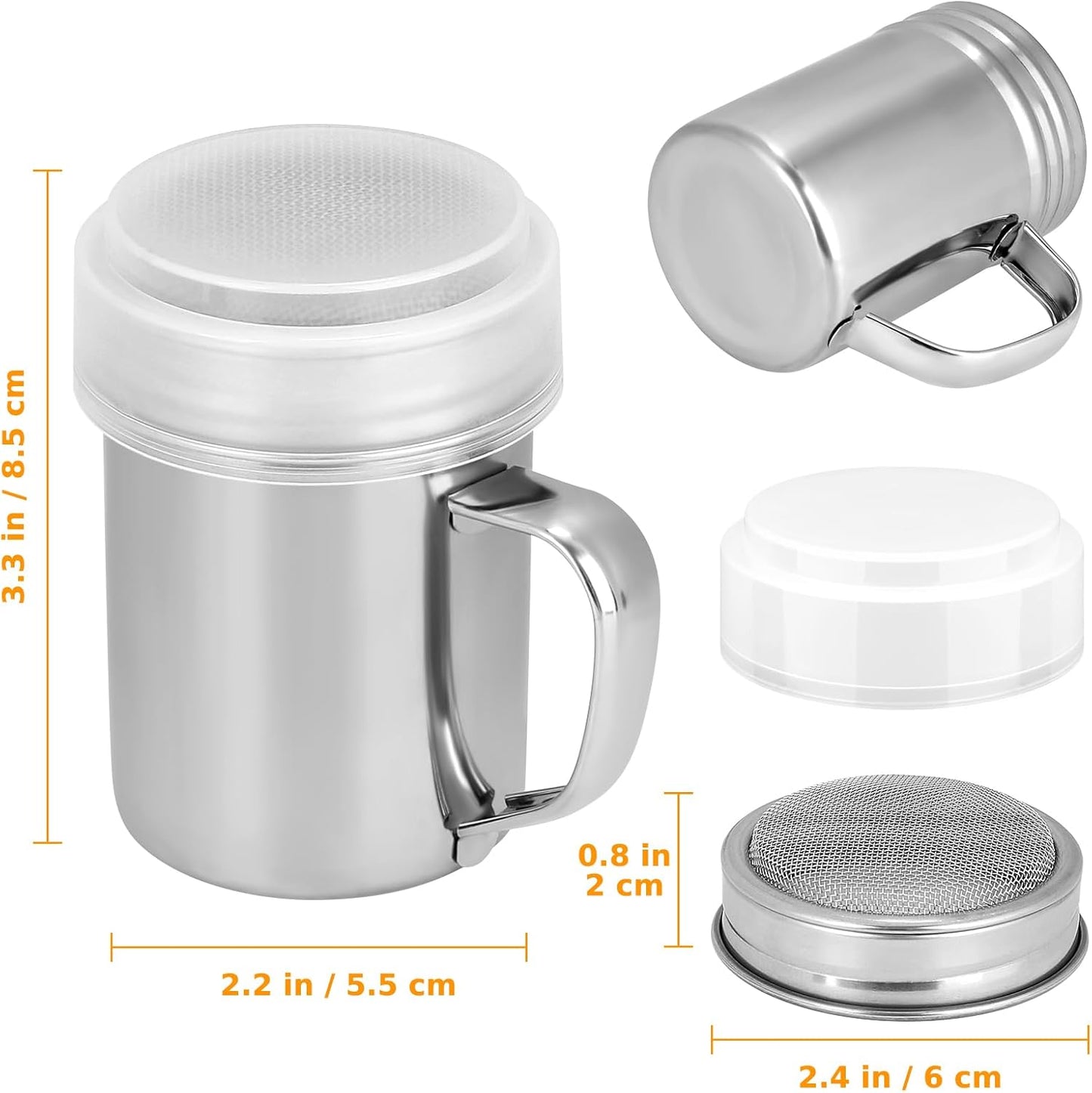 1 Pack Powdered Sugar Shaker Duster with Handle, Cinnamon Shaker Flour Sifter, Fine Mesh Stainless Steel Dredge for Baking Soda Flour Cinnamon Cocoa, 7oz