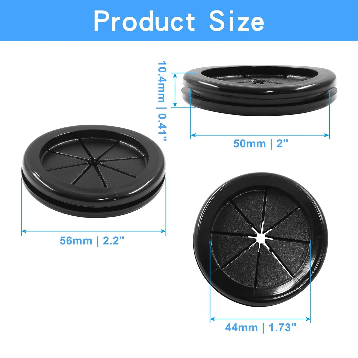 4pcs 2 Inch (50mm) Black Double Sided Desk Hole Grommets, Six-Petaled Rubber Cable Cord Organizer, Desk Hole Cover Wire Hole Insert for Home Office Equipment