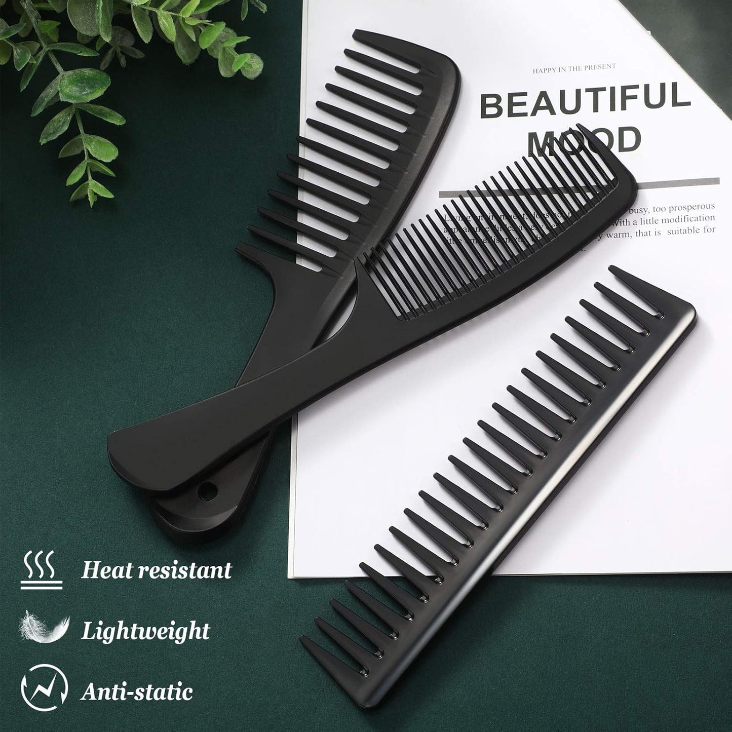 3 Pieces Wide Tooth Detangling Hair Comb Styling Set, Carbon Fiber Styling Cutting Comb Anti Static Heat Resistant for Women Curly Straight Long Hair, Black