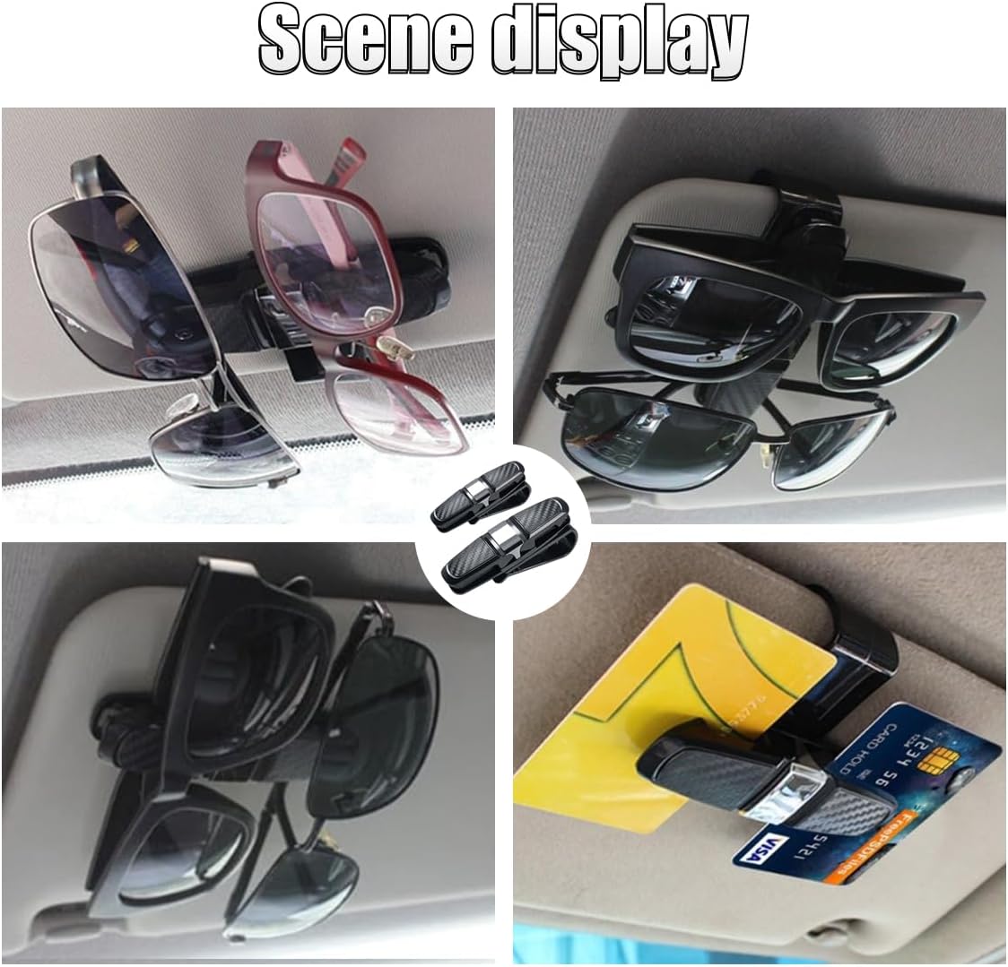 2PCS Glasses Holders for Car Sun Visor, Glasses Clip Organizer, Sunglasses Eyeglasses Mount with Ticket Card, Car Sun Visor Double-Ends Clip, 180 Degree Rotational Car Glasses Holder