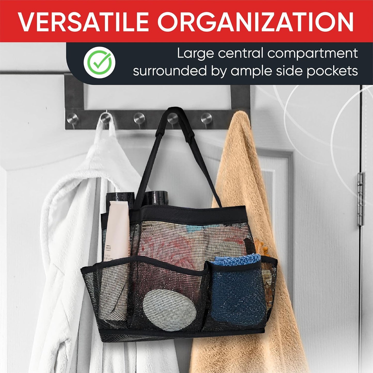 Shower Caddy Mesh - 9 Pocket Portable Bathroom Organizer Tote for Travel, Gym & Dorm - Collapsible Small Shower Caddy Bag to Hold Toiletries & Essentials (Black)