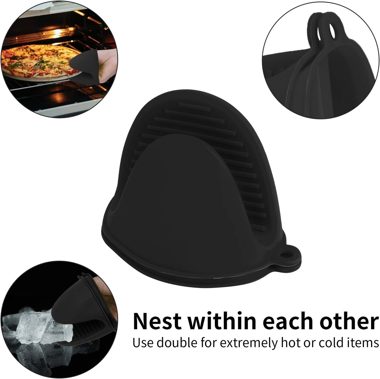 Silicone Oven Mitts Pot Holders Sets for Kitchen Heat Resistant Small Kitchen Mittens Rubber Air Fryer Mitts Mini Pot Pinch Grip for Cooking and Baking 1 Pair (Black)