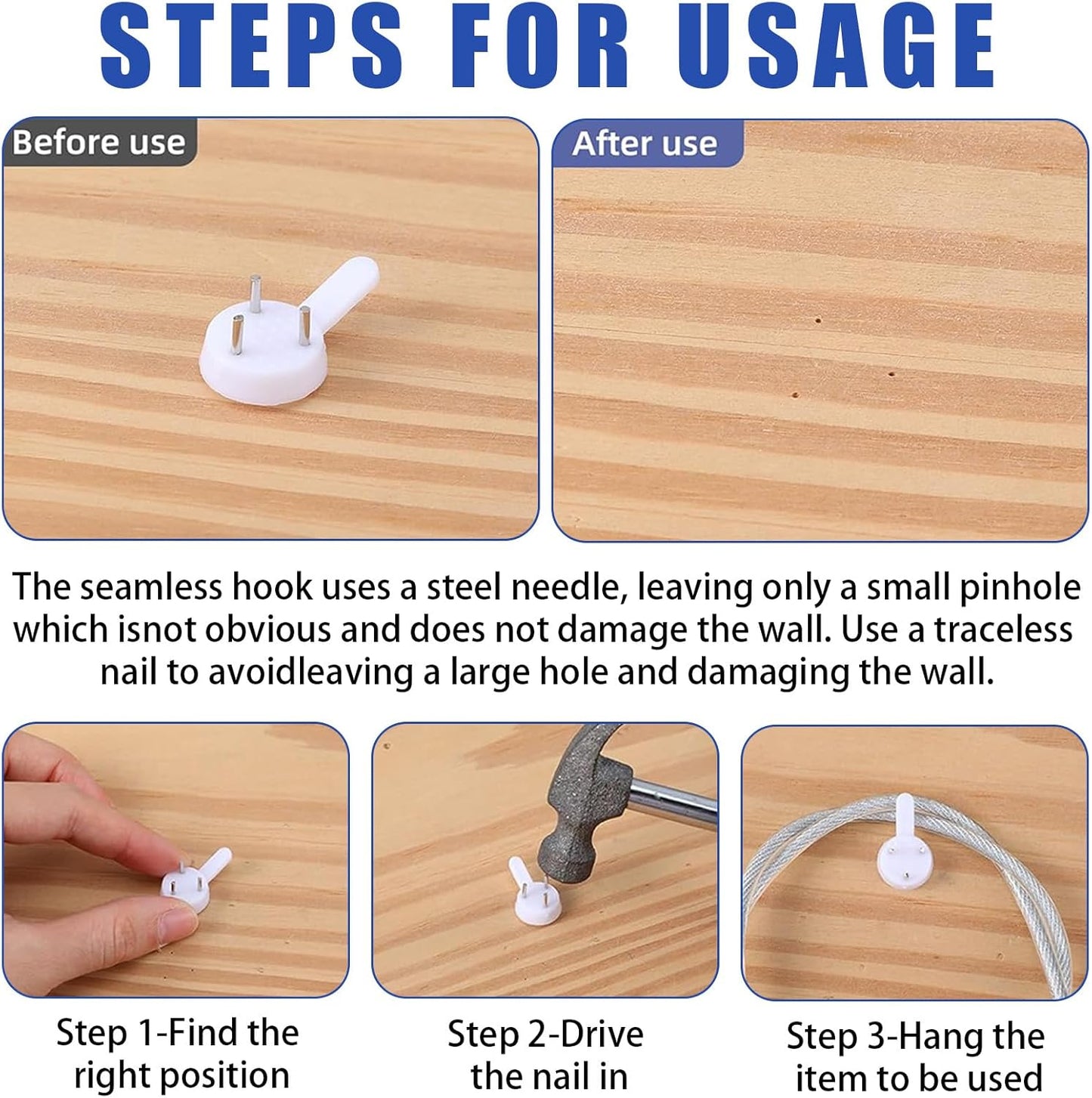 70PCS Non-Mark Hooks - Plastic Non-Trace Wall Picture Hooks - Photo Frame Traceless Hook Invisible Concrete Nail Hard Hardwall Hanger for Concrete Wall, Hardwall and Drywall