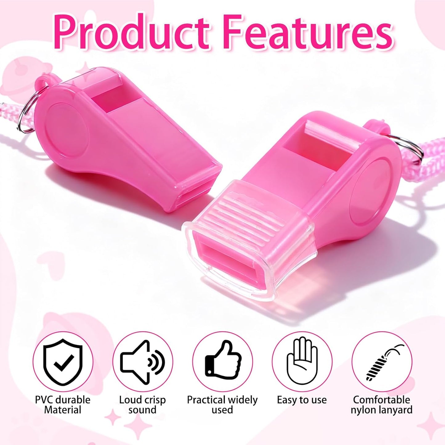 2PCS Pink Coach Whistle with Lanyard, High-Pitched Plastic Whistles Emergency Loud Crisp Sound for Coach Outdoor Safety Referee Lifeguard Teachers Dog Training
