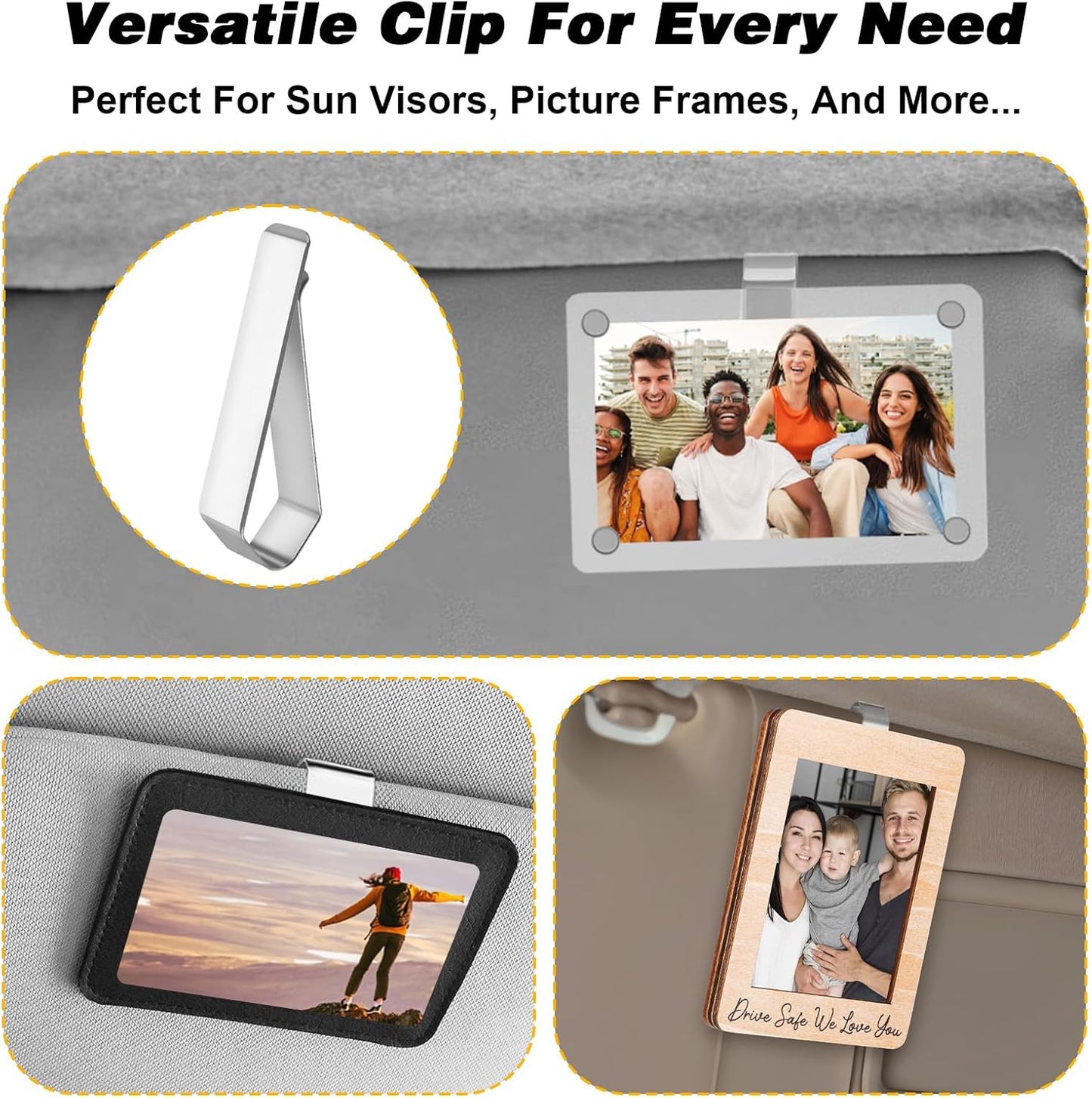 4 Pack Car Sun Visor Photo Clips, Stainless Steel Sun Visor Clips for Car with Adhesive Clip Mounting Kit for Custom Displays (Photo Frames Not Included), Strong Hold Accessory for Cars, Home & Office
