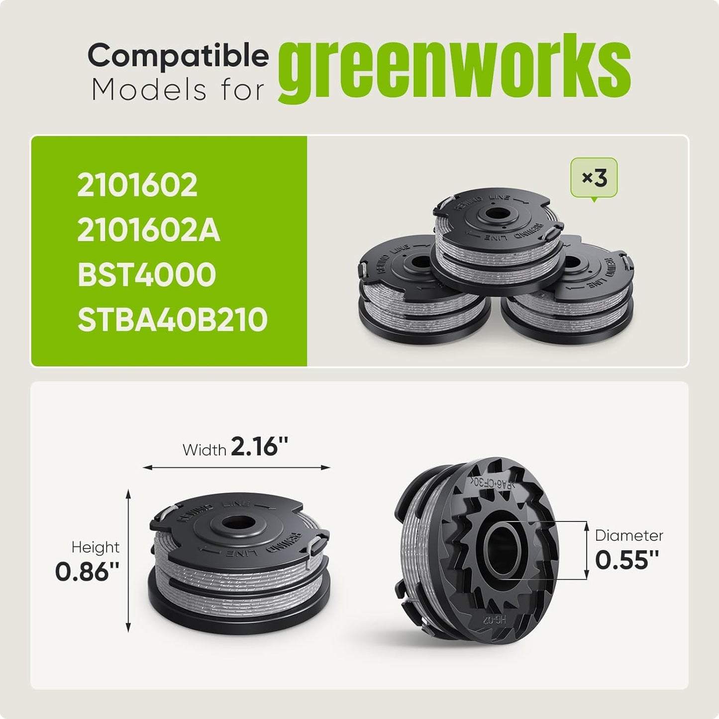 Weed Wacker String Compatible with Greenworks, Dual String Trimmer Replacement Spool for Greenworks Weed Eater String Trimmers(3 Pack)