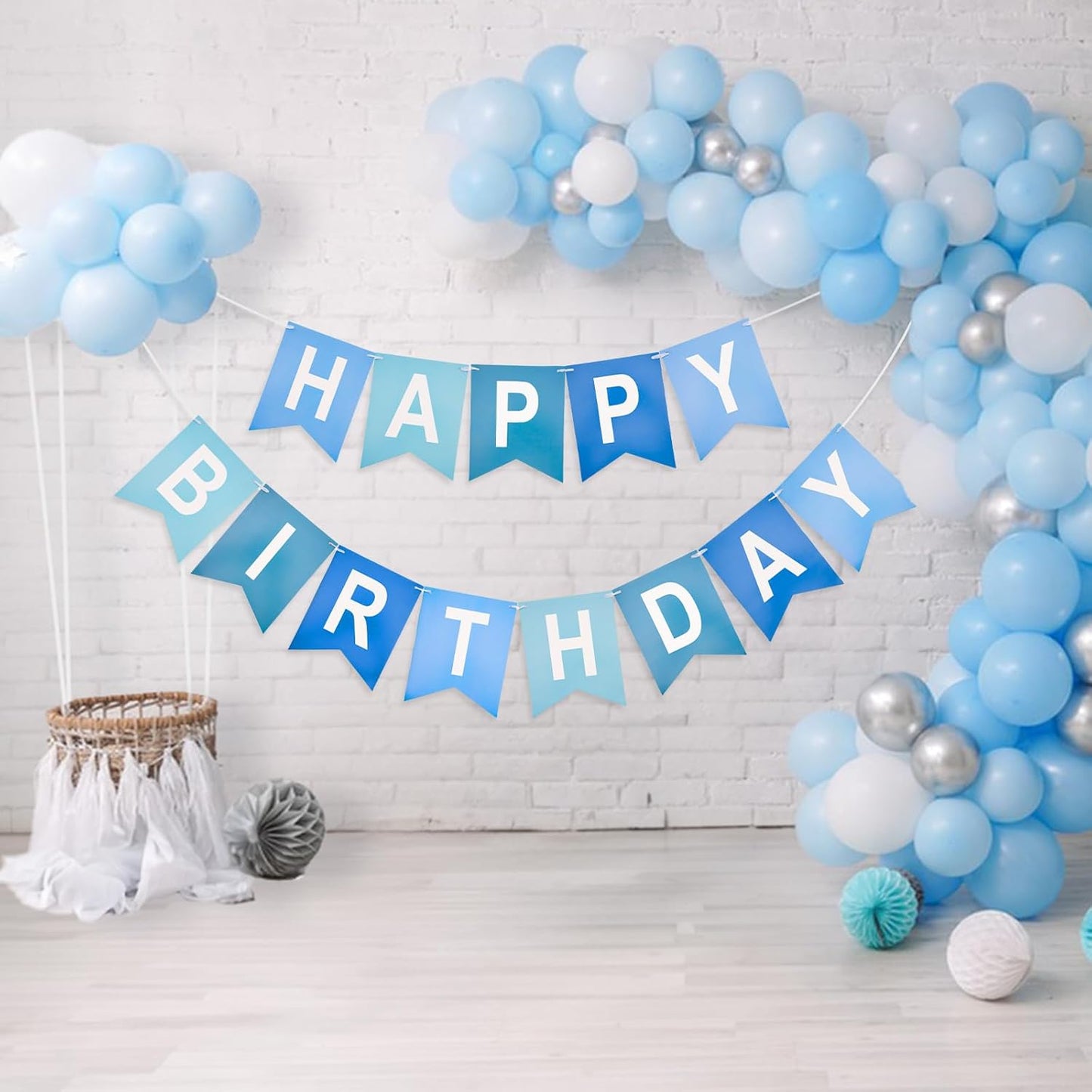 Happy Birthday Banner Large - NO DIY Blue Happy Birthdays Banner Sign Happy Birthday Party Paper Hang Decoration Happy Birthdays Banners Bunting for Men Boy Sea Theme Celebration Party Backdrop