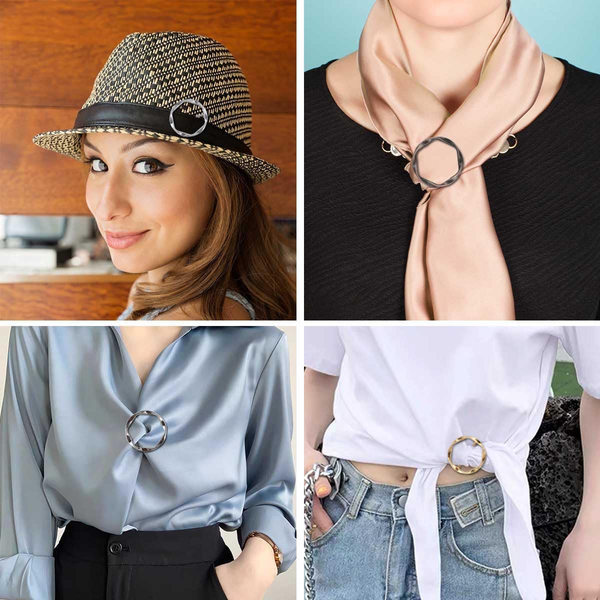 Tie Clips for Women & Girls - Twist Tee Knot Scarf Clip Waist Clothes Corner Knotted Button Fashion Metal Circle Buckle Alloy Clothing Ring Wrap Holder Round Scarves Clasp
