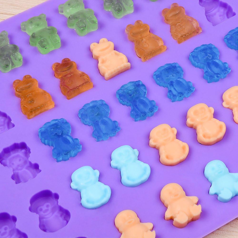 Silicone Candy Gummy Bear Molds - Chocolate Molds Including Bears, Frogs, Lions, Monkeys, Penguins Gummie Molds Premium Silicone, Pack of 4 with 2 Droppers