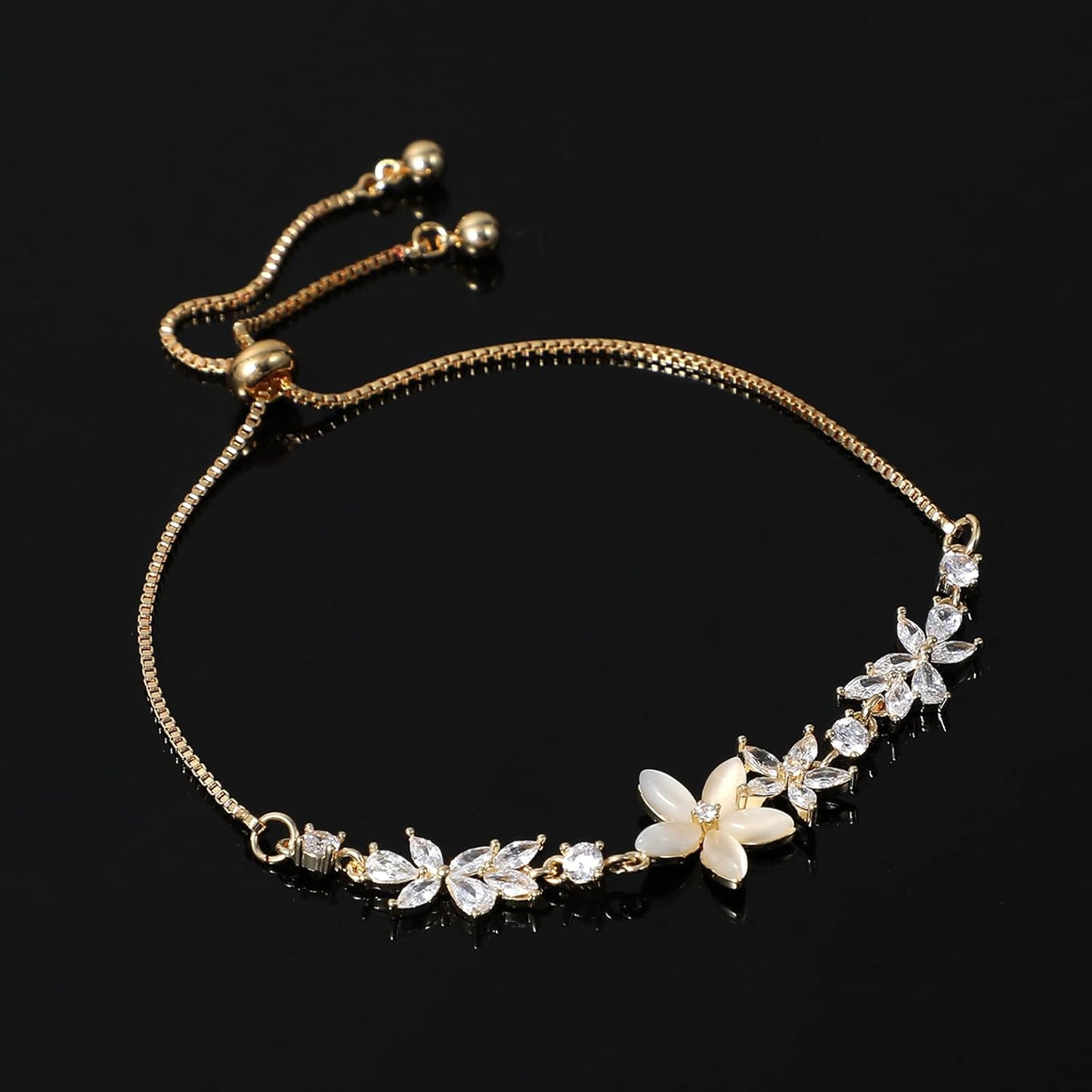 Gold Adjustable Bracelets for Women,Dainty Flower Bracelet Rhinestone Slider Floral Bracelet Floral Jewelry Adjustable Bridesmaid Bracelets Jewelry Gift