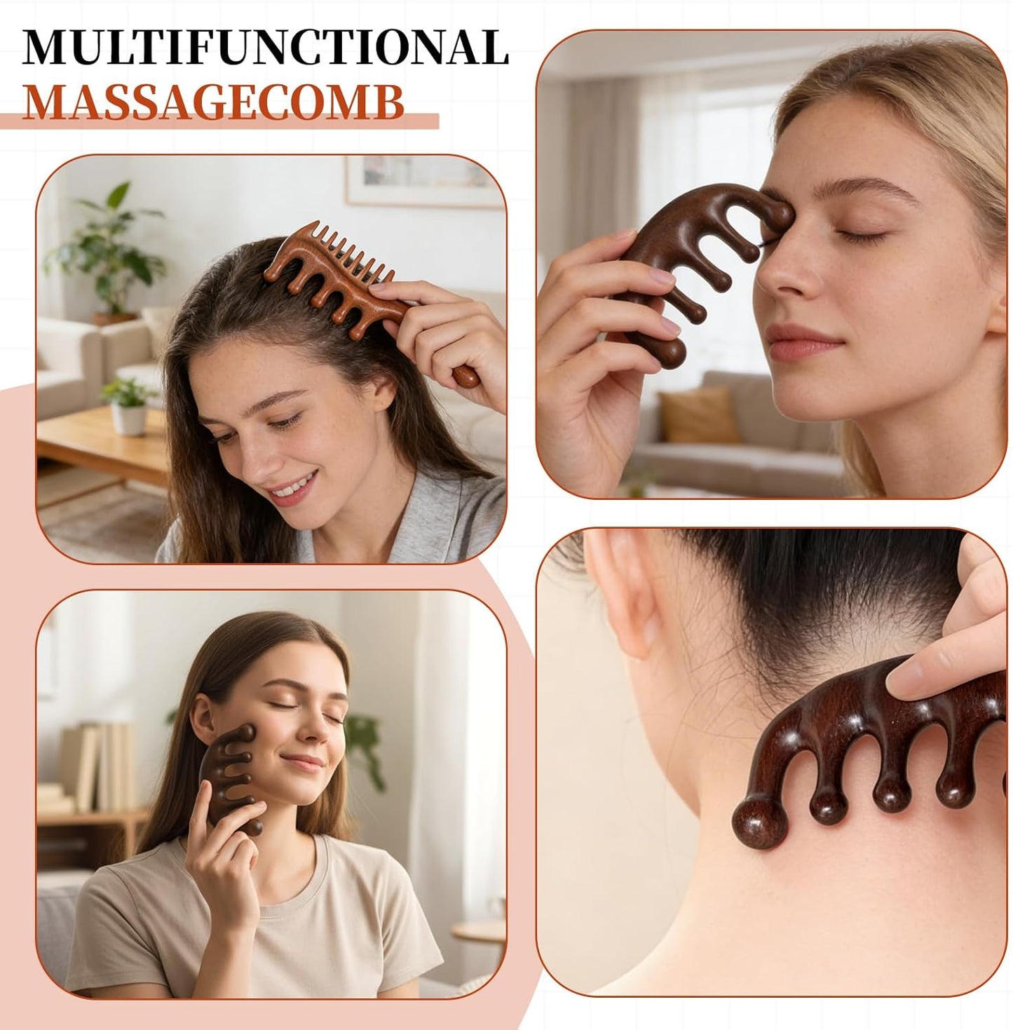 Vin Beauty 2 Pcs Wooden Scalp Massager Comb, Wood Scalp Massager 2 in 1 Wide Fine Tooth with Handle for Hair Growth for Curls Women Men Detangles Long Thick Wet Dry Head Anti-Static Care Relief
