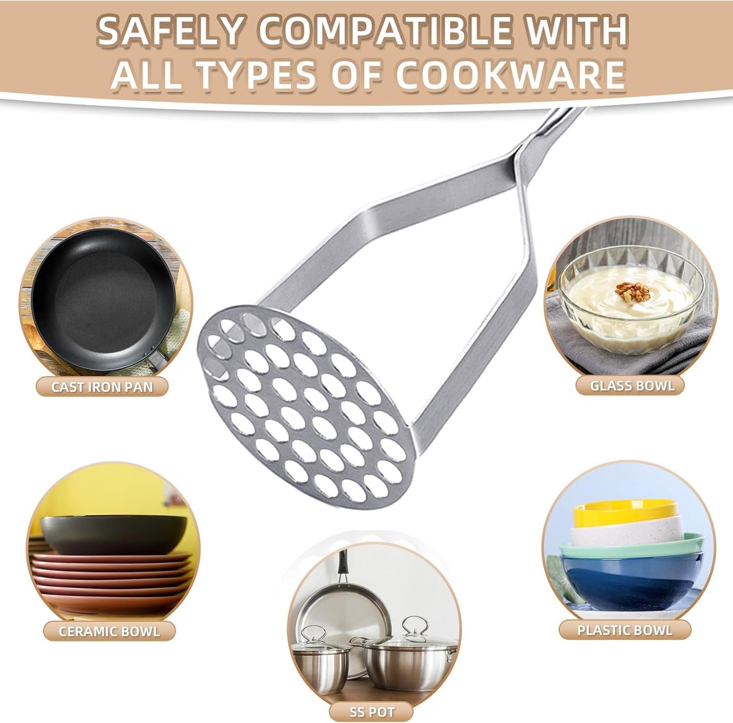 Potato Masher Stainless Steel,Mashed Potatoes Masher Kitchen Tool, Handle Potato Smasher for Potatoes,Avocado, Vegetables, Meat,12Inch Heavy Duty Metal Mashing Utensil, Dishwasher Safe