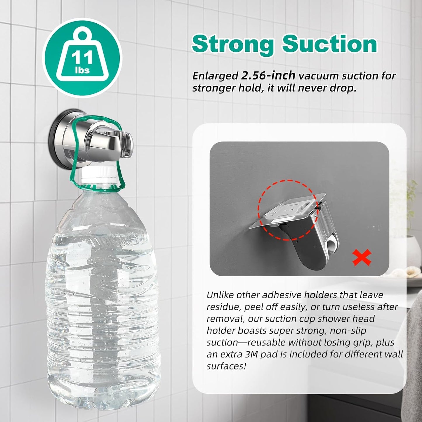 Vacuum Suction Cup Shower Head Holder, Removable Shower Wand Bracket, Adjustable Height & Wall Mount ABS Plastic Suction Holder for Handheld Shower Head, Chrome Finish
