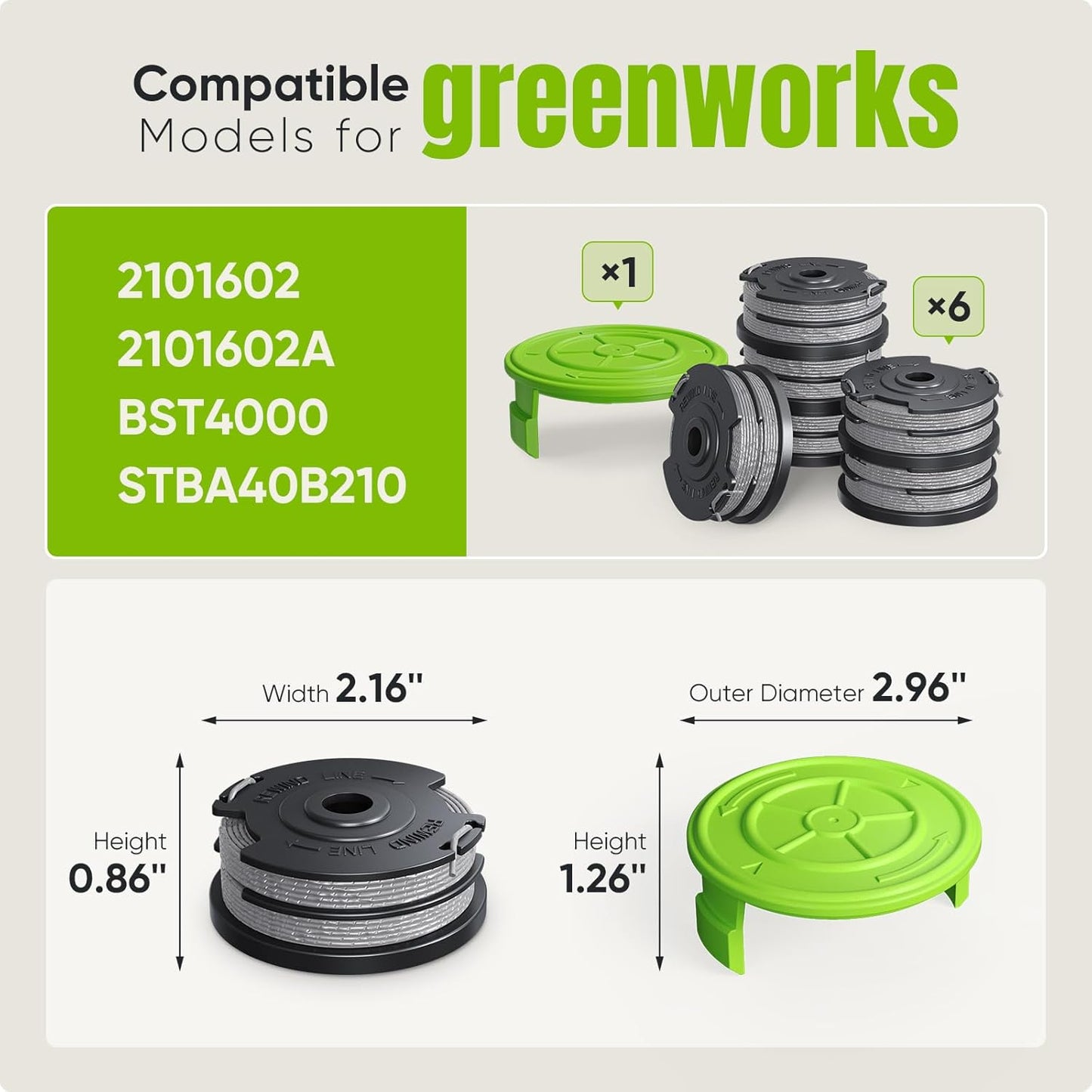 7 Pack Weed Wacker String for Greenworks Weed Eater, 0.065" 18ft Dual String Trimmer Replacement String Spool(2900719) with Spool Cap Cover(6 Spools+1 Cap)