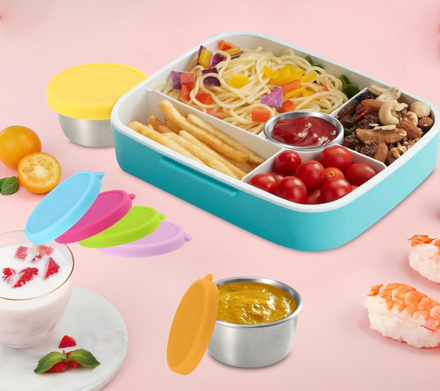 Salad Containers For Lunch To Go, 6x1.6 Oz Stainless Steel Condiment Containers With Lids, Leakproof Sauce Cups for Dipping, Salad Dressing, Meal Prep