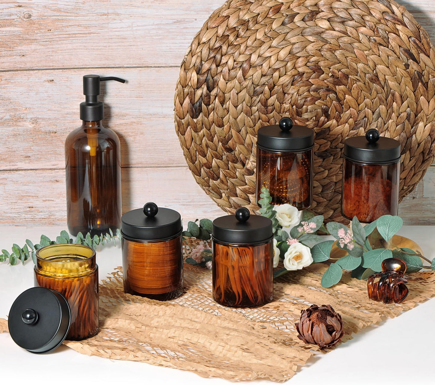Amber Glass Qtip Holder, Apothecary Jars with Matte Black Metal Lid & Stickers-Bathroom Qtip Dispenser Storage Organizer Set,Vanity Counter Canister for Cott Swabs,Round Pads,Floss (2 Pack)