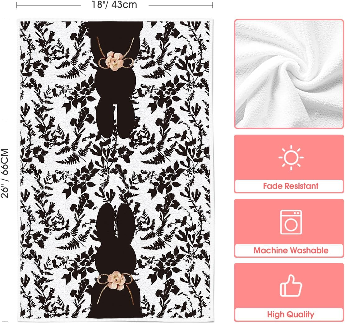 Black Bunny Eggs Flower Easter Kitchen Towels Dish Towels, 18x26 Inch Spring Farmhouse Leaves Decoration Hand Towels Set of 2