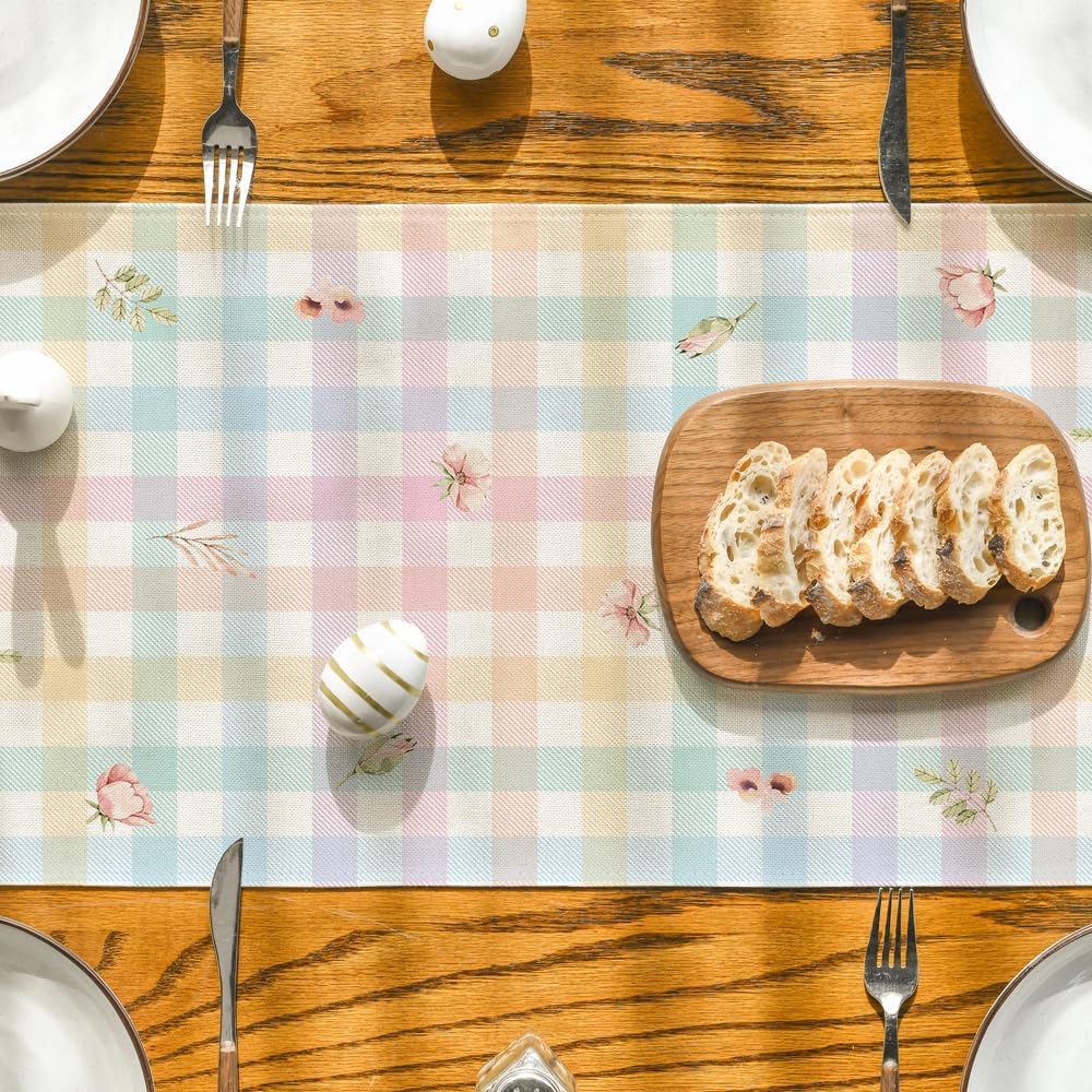 Bunny Rabbit Leaves Floral Easter Table Runner, Seasonal Spring Kitchen Dining Table Decoration for Home Party Decor 13x72 Inch