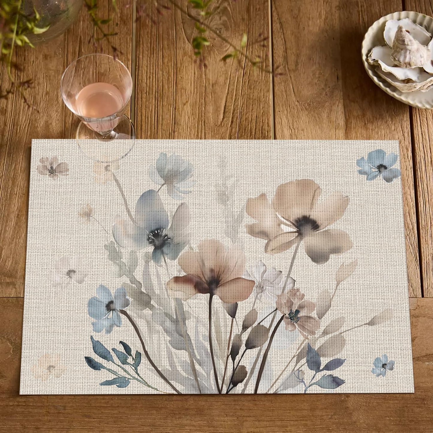 Brown Poppy Floral Vinyl Plastic Placemats Set of 4, Washable Non-Slip PVC Table Mats for Party Kitchen Dining Decor, 12x18 Inch