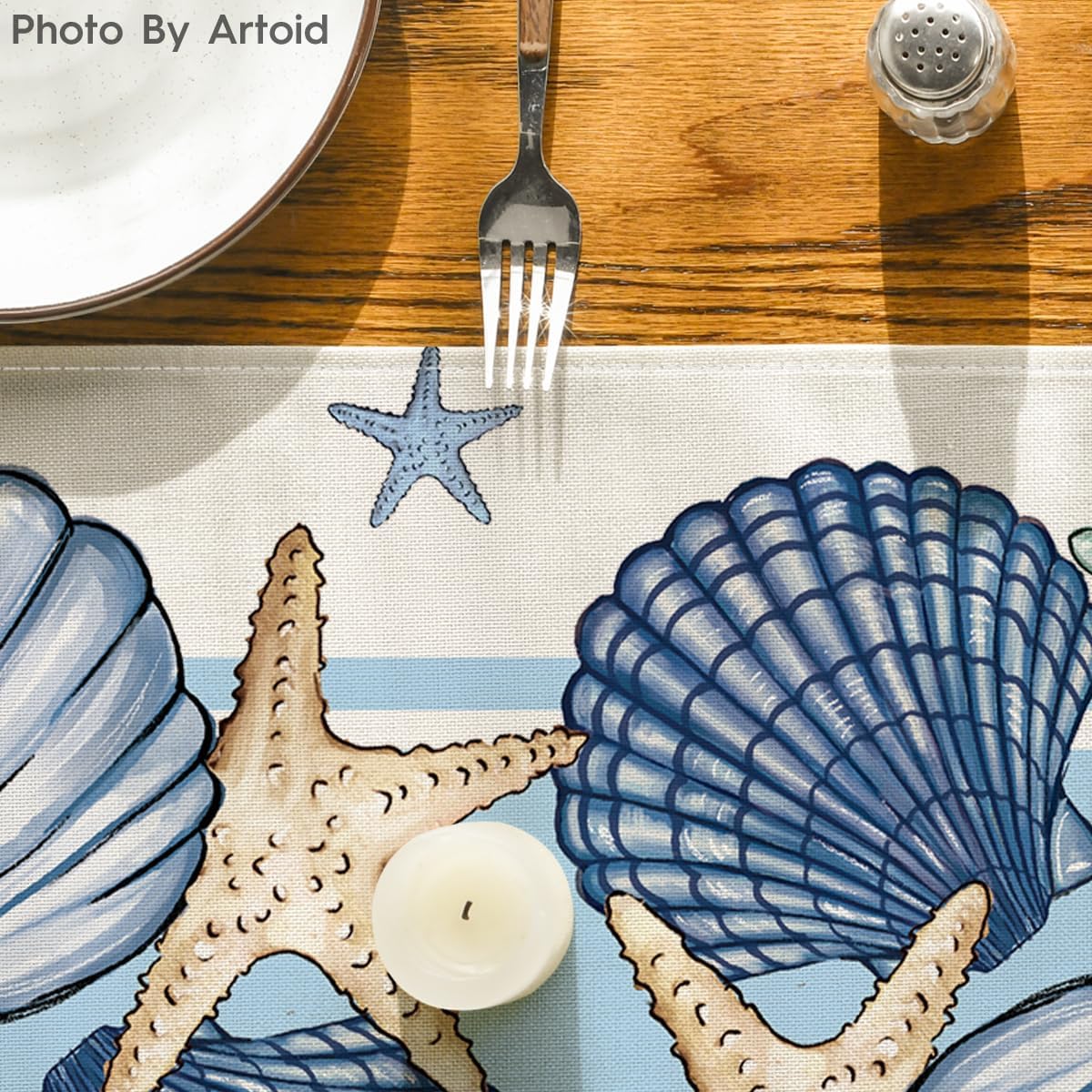 Sea Shell Starfish Summer Table Runner,Spring Ocean Kitchen Dining Table Decoration for Home Party Decor 13x72 Inch