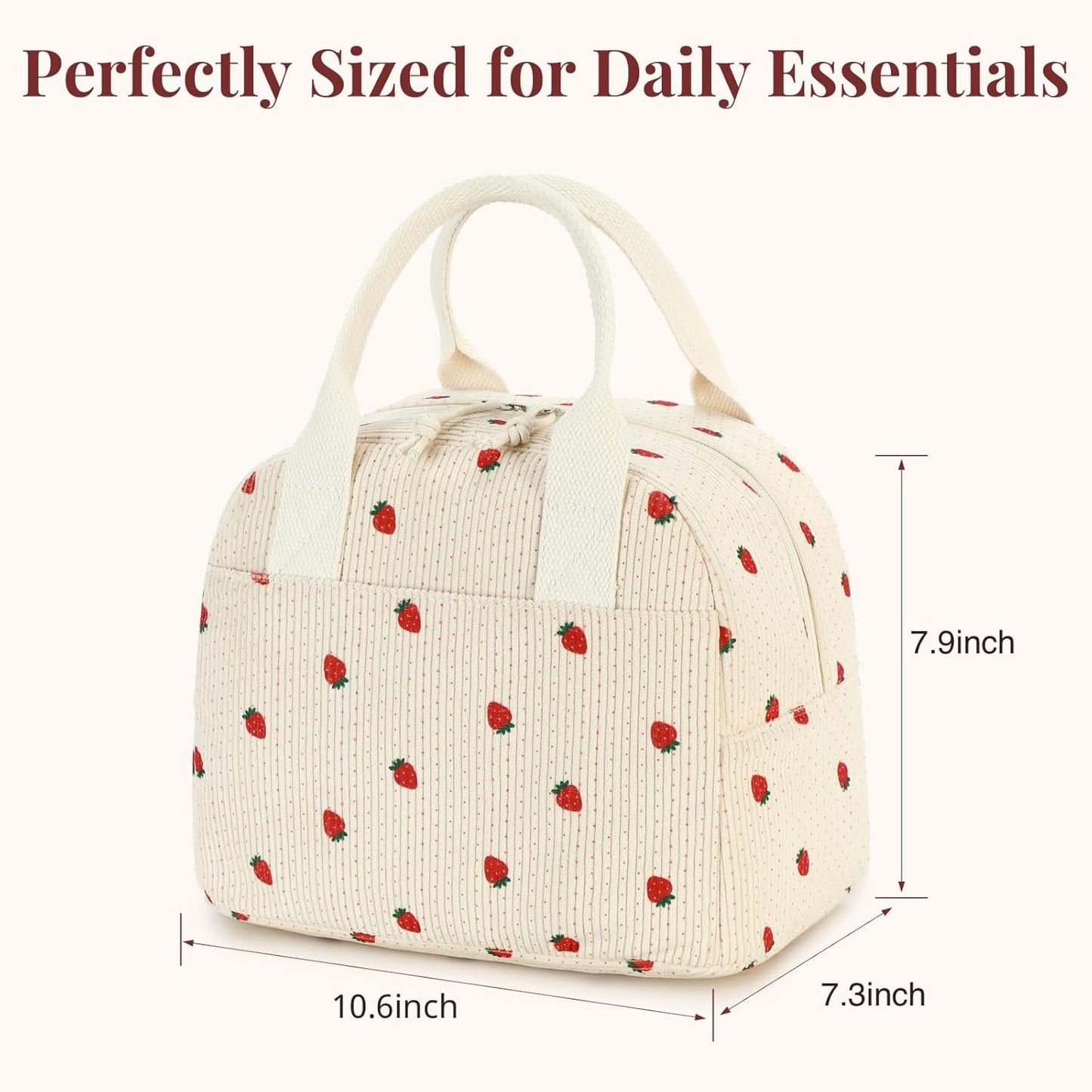Insulated Straerry Lunch Bag for Women, Stylish Corduroy Tote with Aluminum Lining, Large Capacity Reusable Cooler for Work, Travel, Beach or Picnic, Beige Cream Water-Resistant Lunch Box