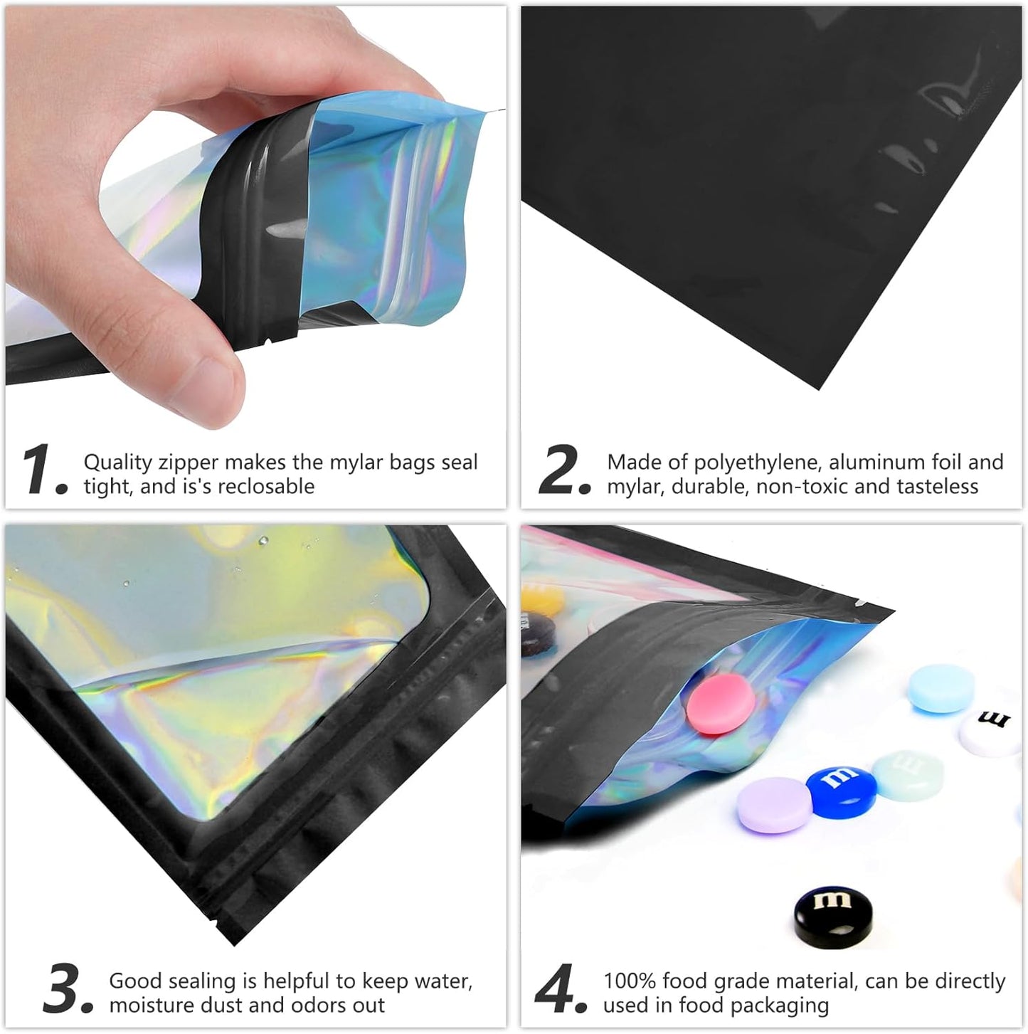 100 pcs Black Mylar Holographic Bags Packaging Bags,Clear Resealable Bag Foil Pouch Bag for Food Storage and Lipgloss,Jewelry,Eyelash Packaging for Small Business(2.4x3.9Inch)