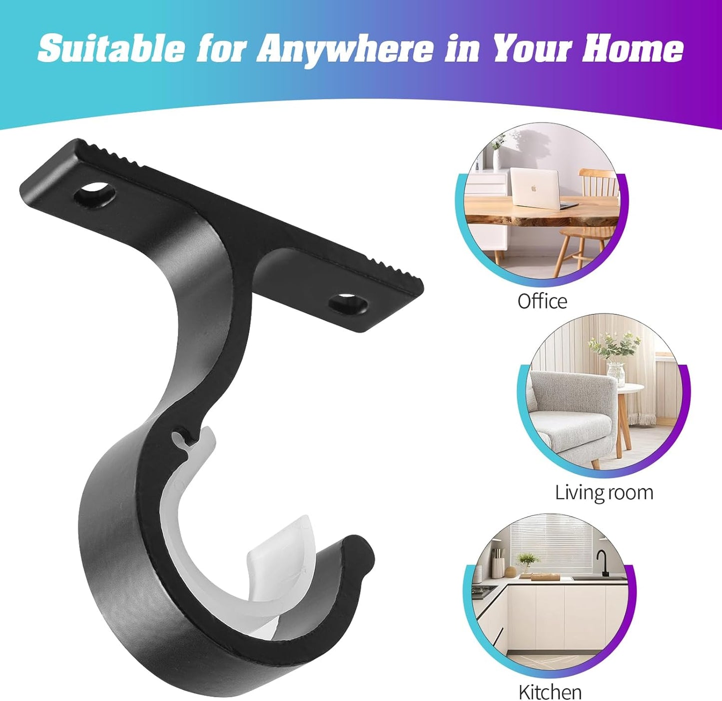 Ceiling Mount & Wall Installation Curtain Rod Brackets Holders for 1 Inch Rod, Black (Set of 2, Black)