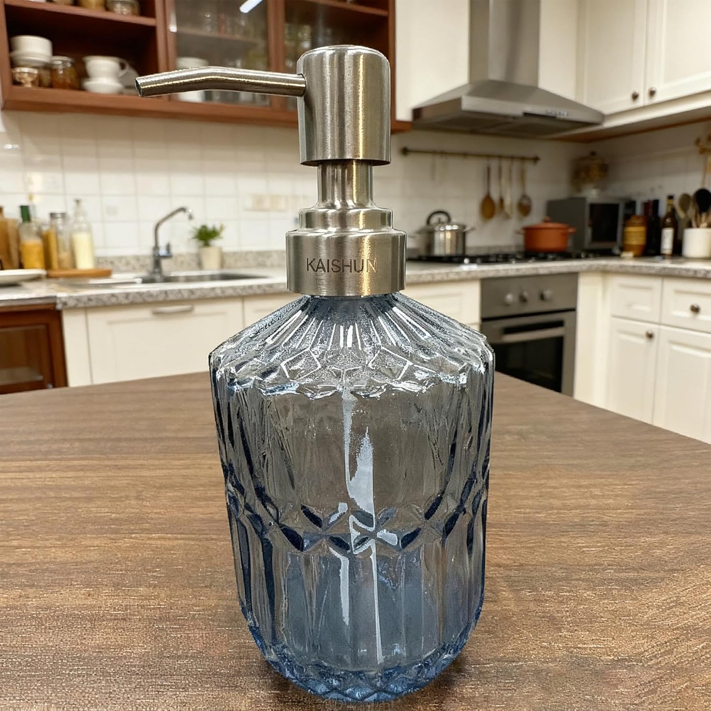 13 Oz Refillable Soap Dispenser, Glass Soap Dispenser for Dispense Hand Soap, Dish Soap, Lotion (Blue)