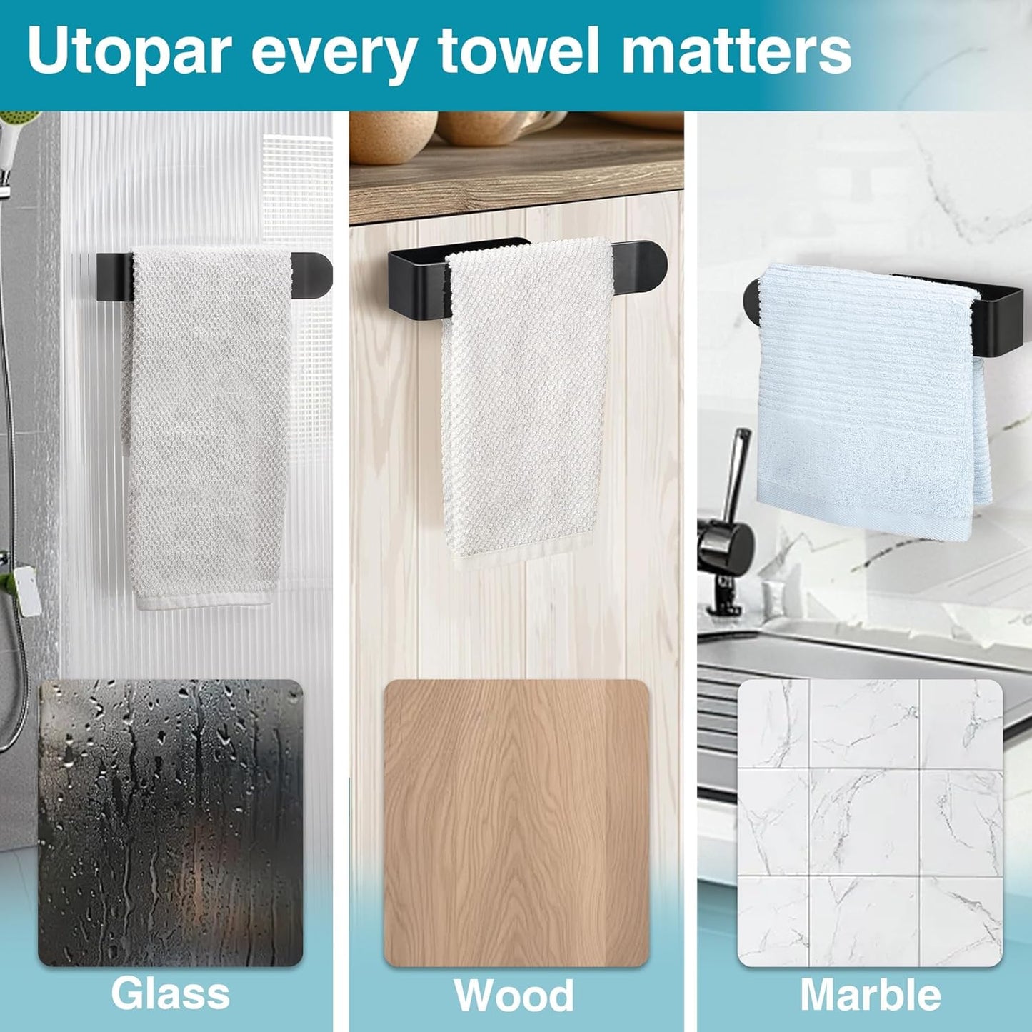 8 Inch Hand Towel Holder, Self Adhesive Towel Bar for Bathroom, Rustproof Aluminum U-Shape Towel Rack Stick on Wall, Black