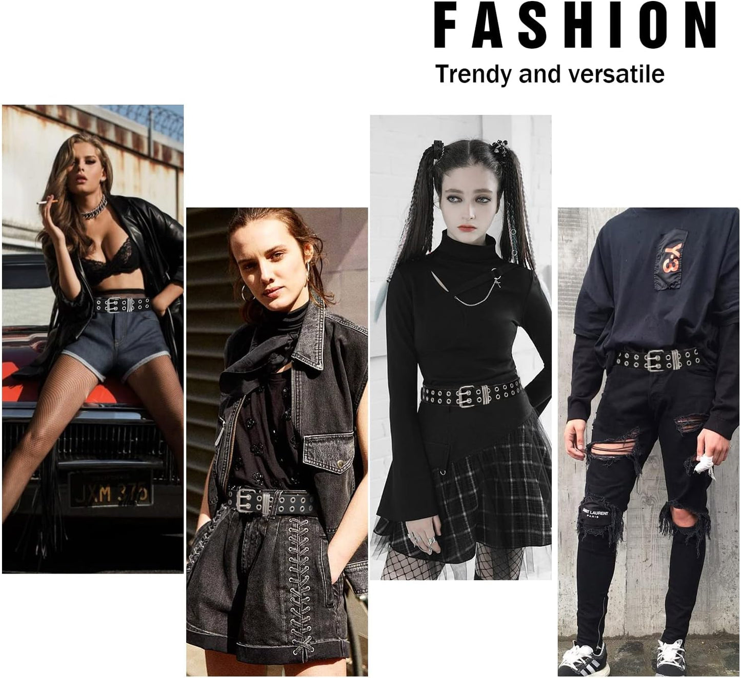 Grommet Leather Belt with Detachable Chain Women Men Punk Rock Waist Belts for Jeans Pants