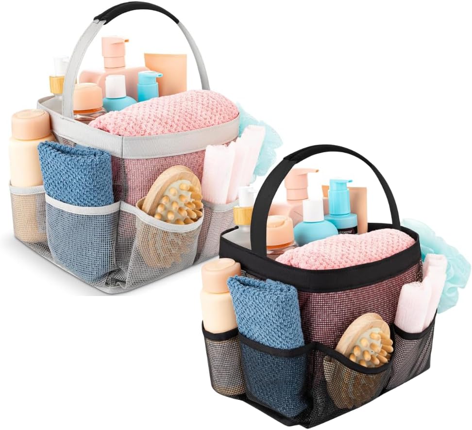 Mesh Shower Caddy Bag – Includes Grey and Black 9-Pocket Portable Bathroom Organizers – Collapsible, Lightweight Totes for Travel, Gym, College Dorm, and Everyday Use