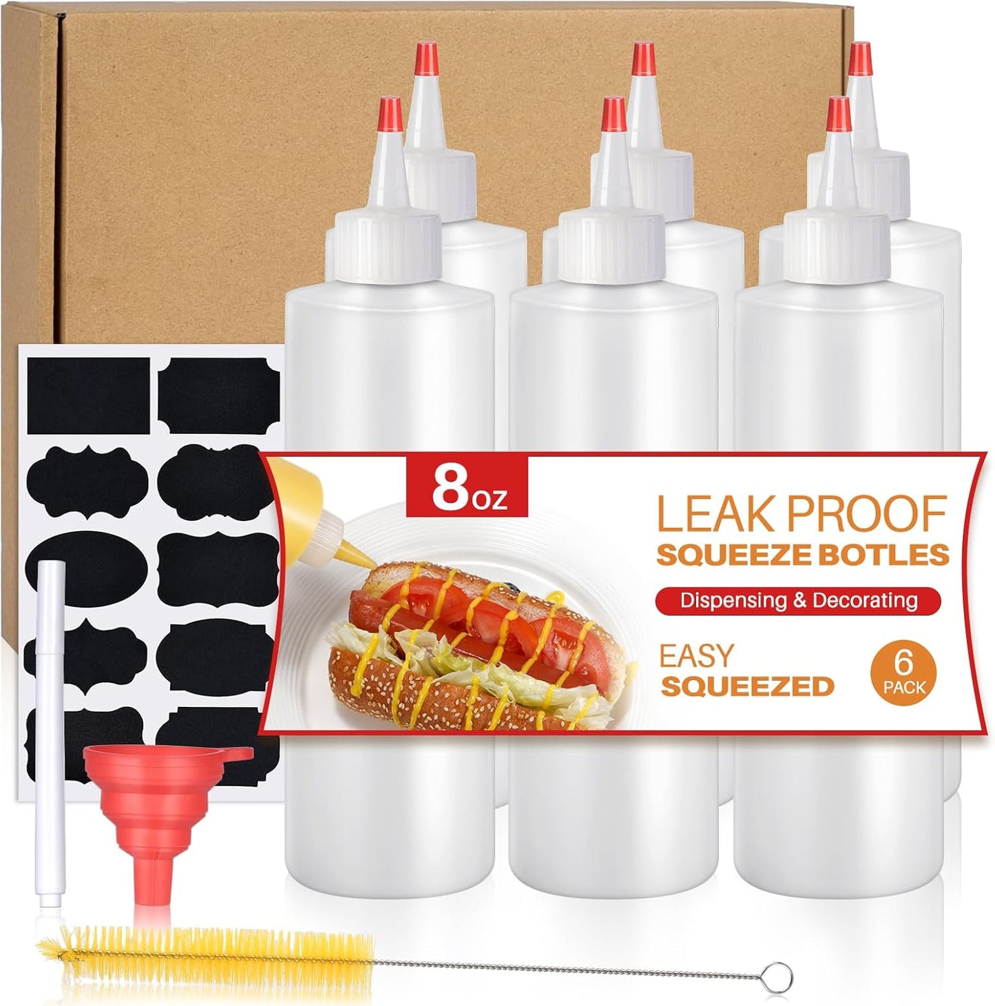 Squeeze Bottles, 8oz Plastic Condiment Squeeze Bottles with Labels & Funnels & Brusher for Liquids Sauces Ketchup Oil, 6 Pack