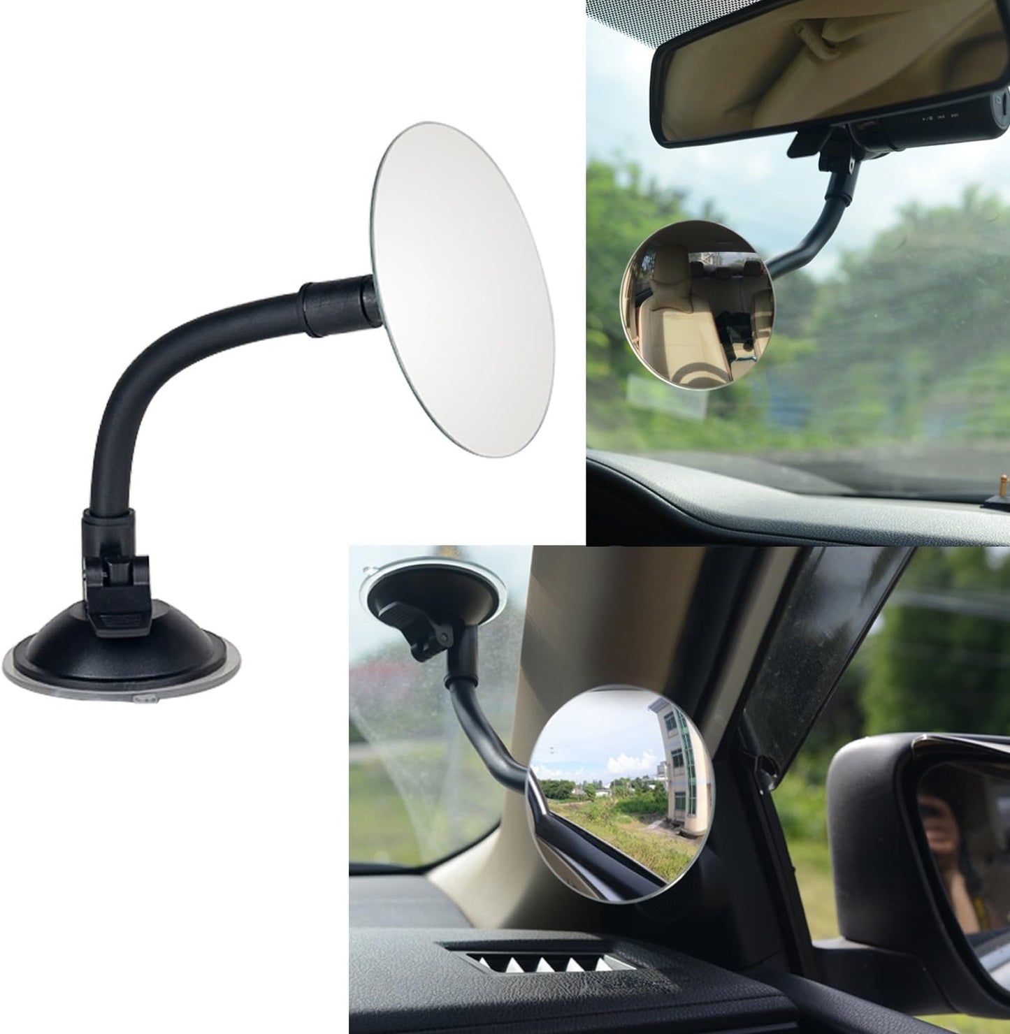 Suction Cup Car Baby Mirror, Adjustabe Long Arm HD Glass Convex Wide Angle Interior Rearview Baby Rear Facing Mirror (Frameless Round, 3.35")
