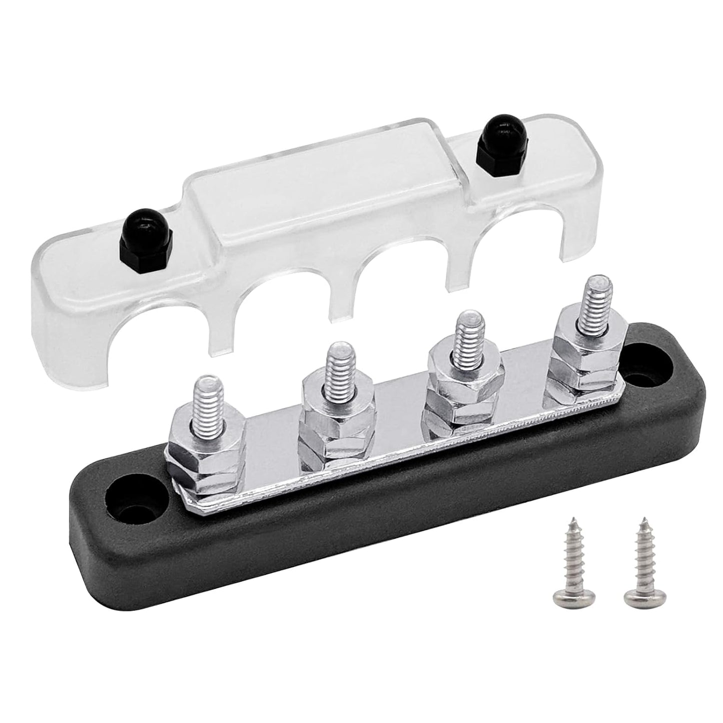 4 x #10 (M5) Studs Bus Bar, 4.2" Ground Distribution Block Brass Battery BusBar Junction with Cover for Auto Boat Amplifier and More (Black)