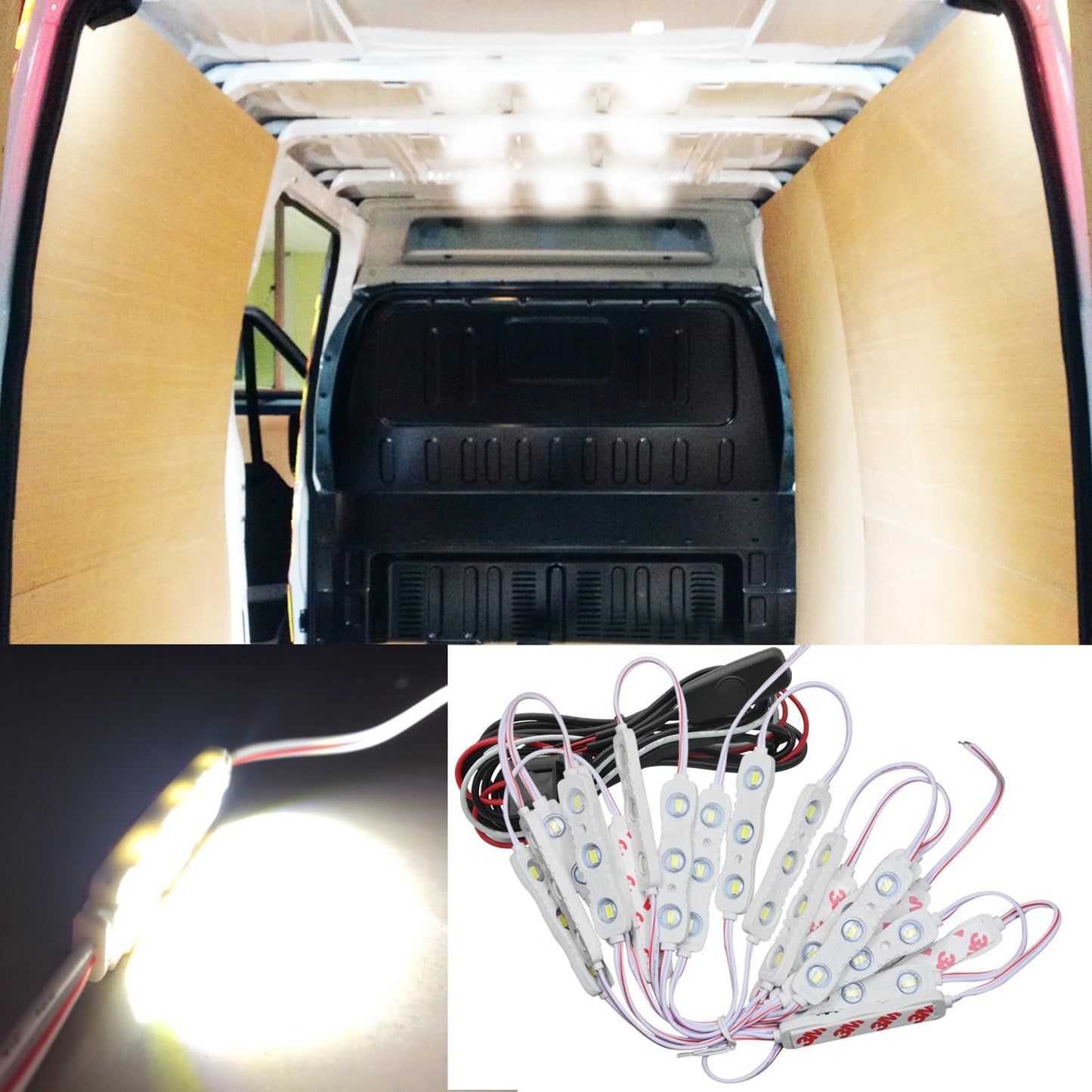 12V 60 LEDs Interior Van Light Kits, LED Ceiling Lights with Simplified Harness Switch Fuse for Van RV Boats Caravans Trailers and More (20 Modules, White)
